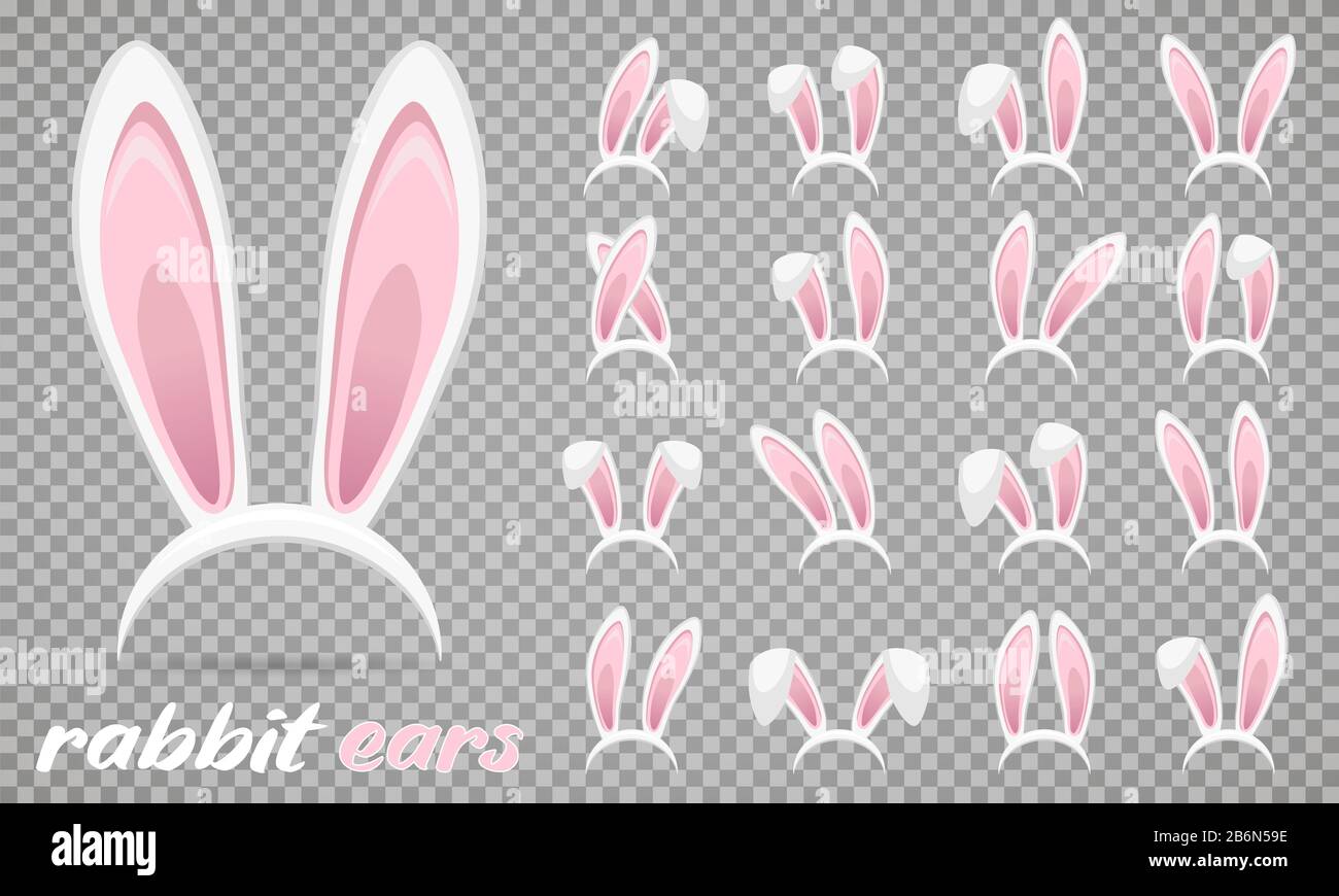 Oster Rabbit Ohren Ikonen - großer Satz. Maskierte Häschenohrchen auf transparentem Hintergrund. Niedliche Aufkleber mit Kopfband. Vektorgrafiken Stock Vektor