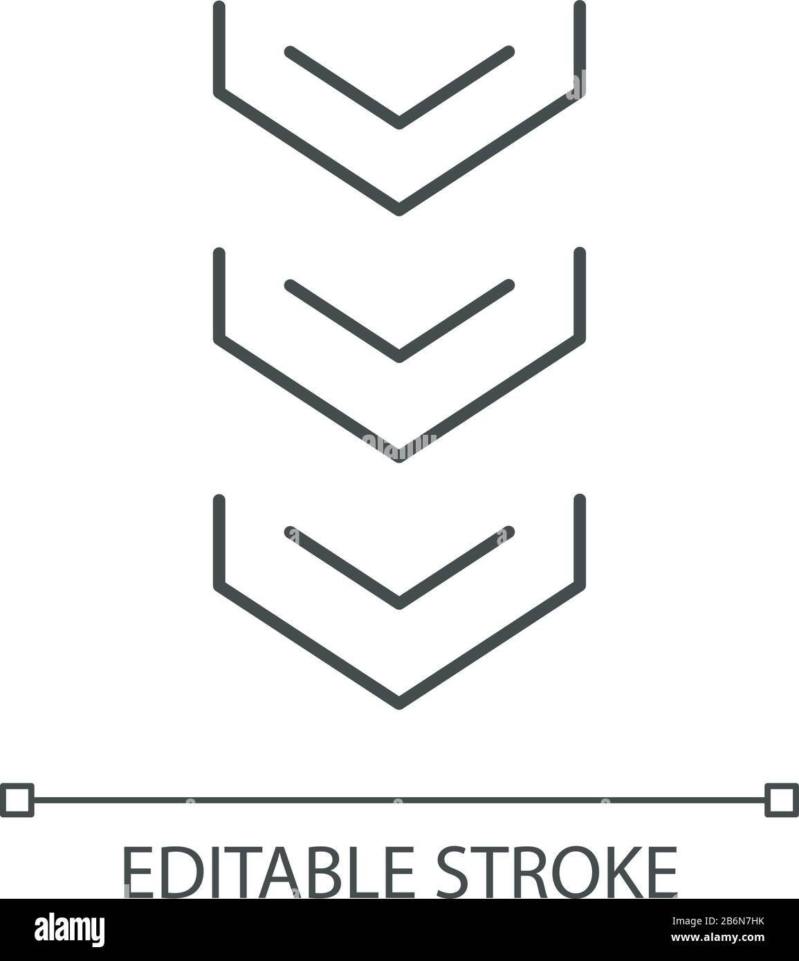 Bildlauf nach unten Taste Pixel perfektes lineares Symbol. Drei nach unten gerichtete Pfeilspitzen. Anpassbare Abbildung mit dünner Linie. Kontursymbol. Vektor Stock Vektor