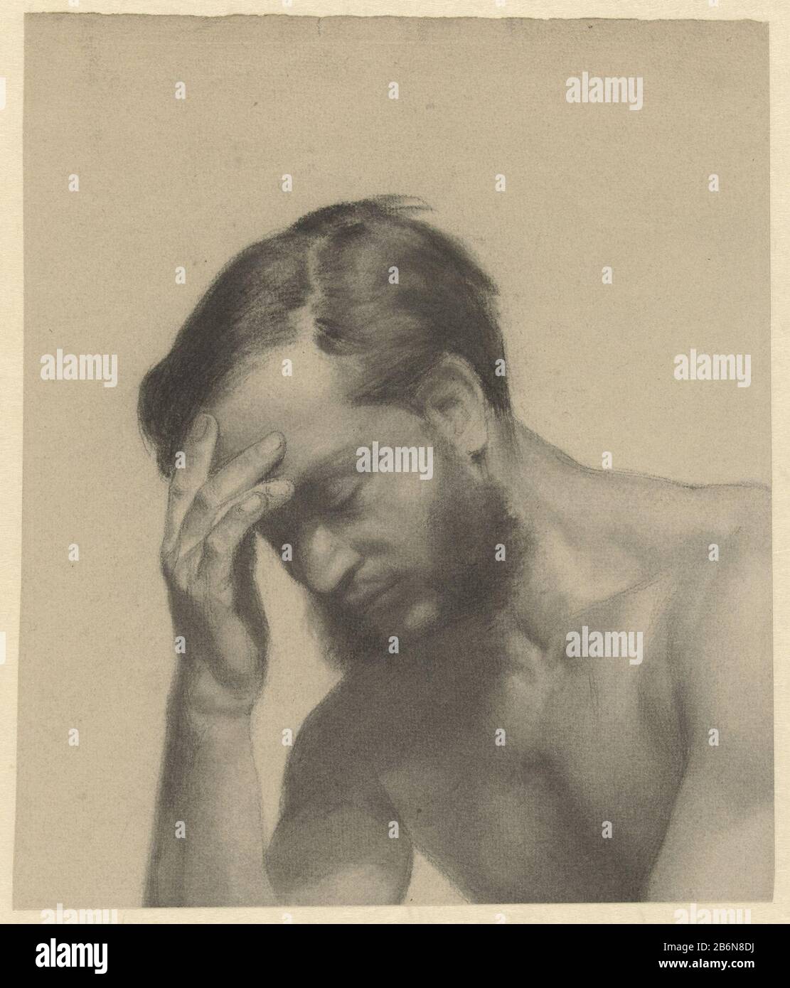 Fragment van een academiestudie man met rechterhand aan het voorhoofd Fragment einer akademischen Studie: Mann mit der rechten Hand zum Stirnobjekttyp: Zeichnung Objektnummer: RP-T 1990-77 Hersteller: Künstler: Johan Braakensiek Von: 28-1940 Physikalische Merkmale: Bleistift, schwarze Kreide, Gedoezeld-Material: Papierkrayon-Technik: Doezelen Abmessungen: H 225 mm × W 190 mm Stockfoto