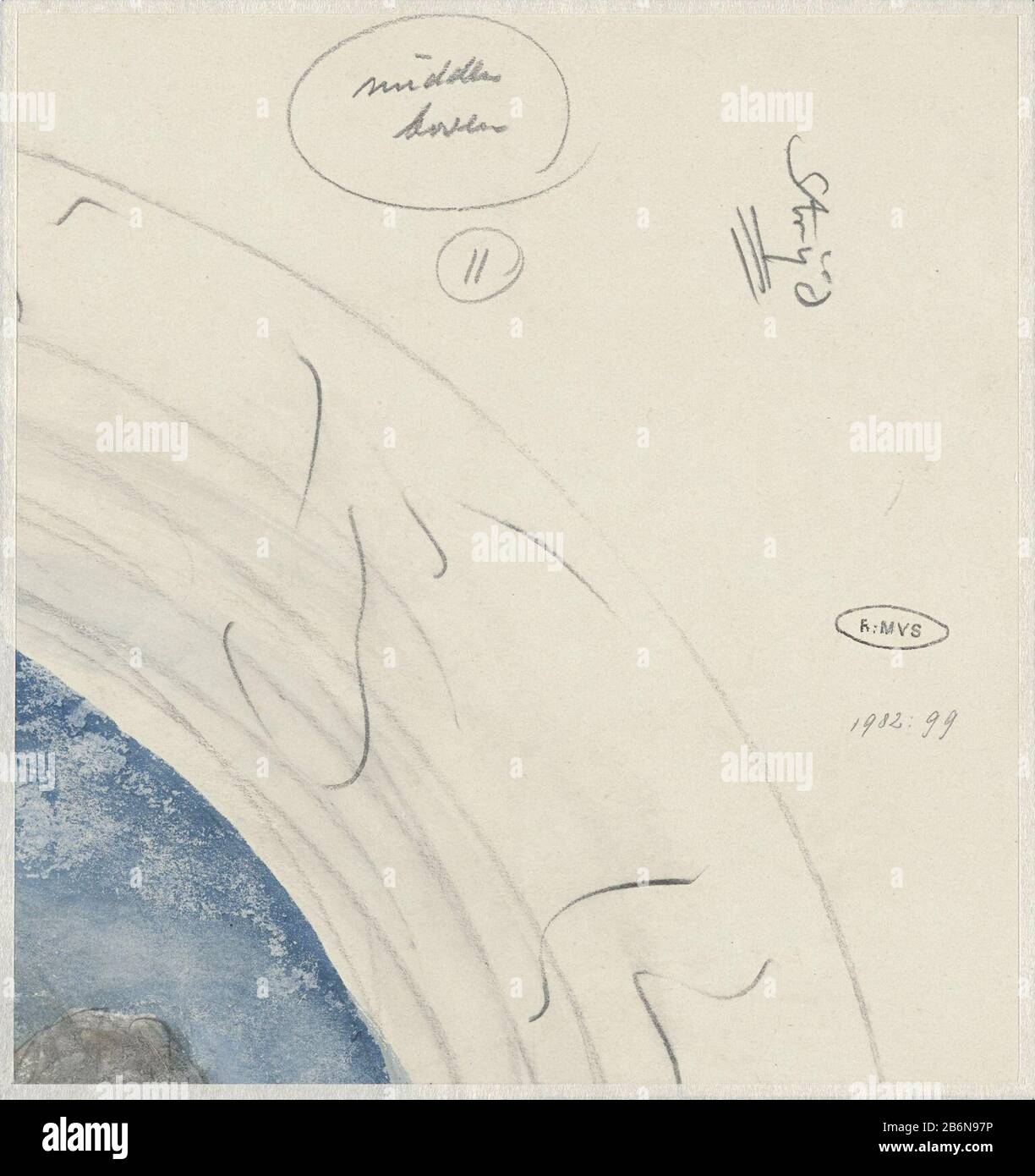 Fragment van een ontwerp voor een schotel van aardewerk genaamd Strijd Fragment of a draft irdenware dish cell called Fight Property Type: Drawing Design Item Number: RP-T-1982-99 (V) Marking / Brands: Date, recto: '26 Juli 19' Manufacturer: Artist: Theo Colenbrander Date: 199 Physical Features: Bleistift and Brush in Blue Material: Papierbleistift-Technik: Bürstenabmessungen: H 189 mm × W 178 mm Betreff: Gericht, Platte, Untertasse Stockfoto