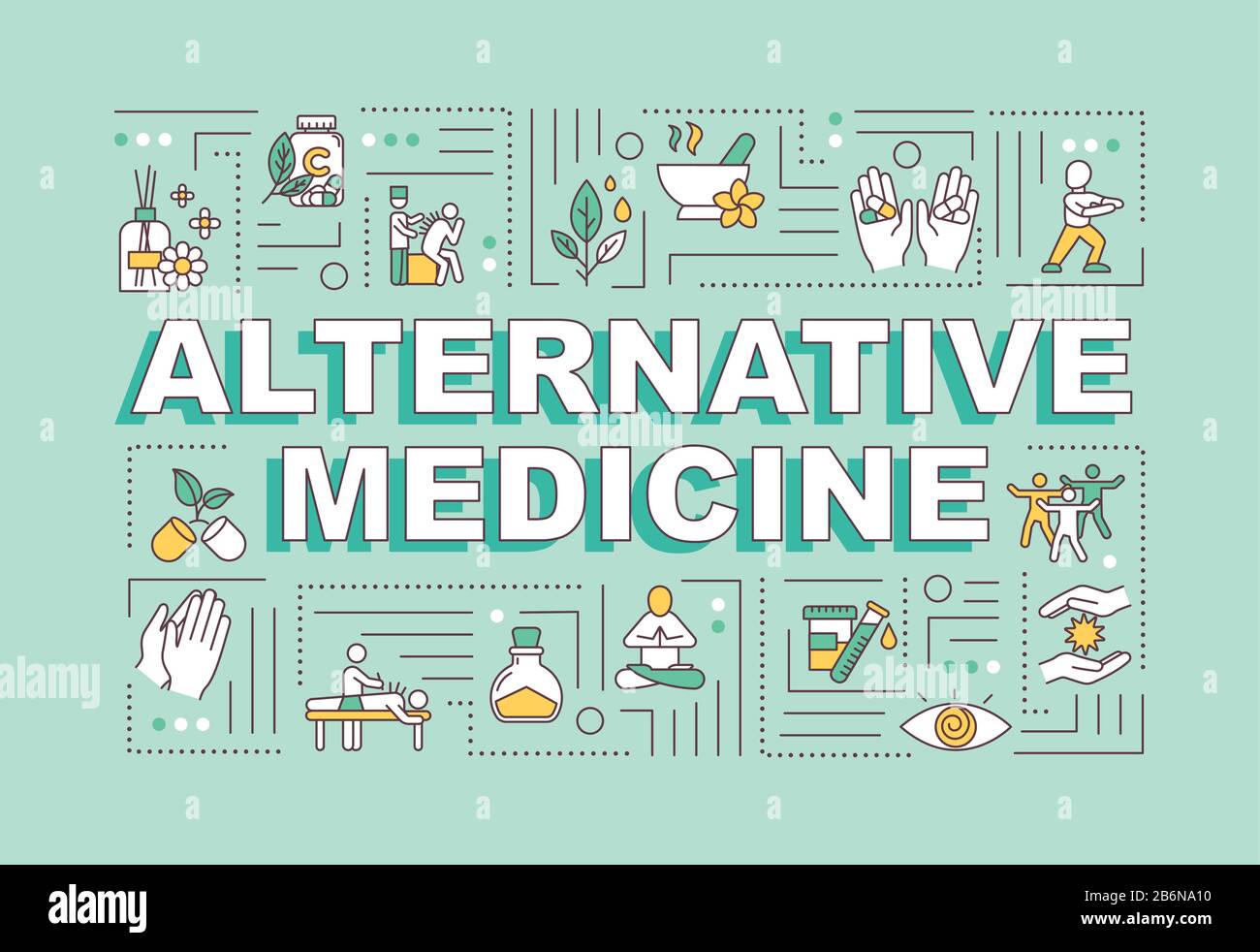 Banner für alternative Medizinbegriffe. Ergänzende medizinische Verfahren und Techniken. Infografiken mit linearen Symbolen auf Minzhintergrund. Isoliert Stock Vektor