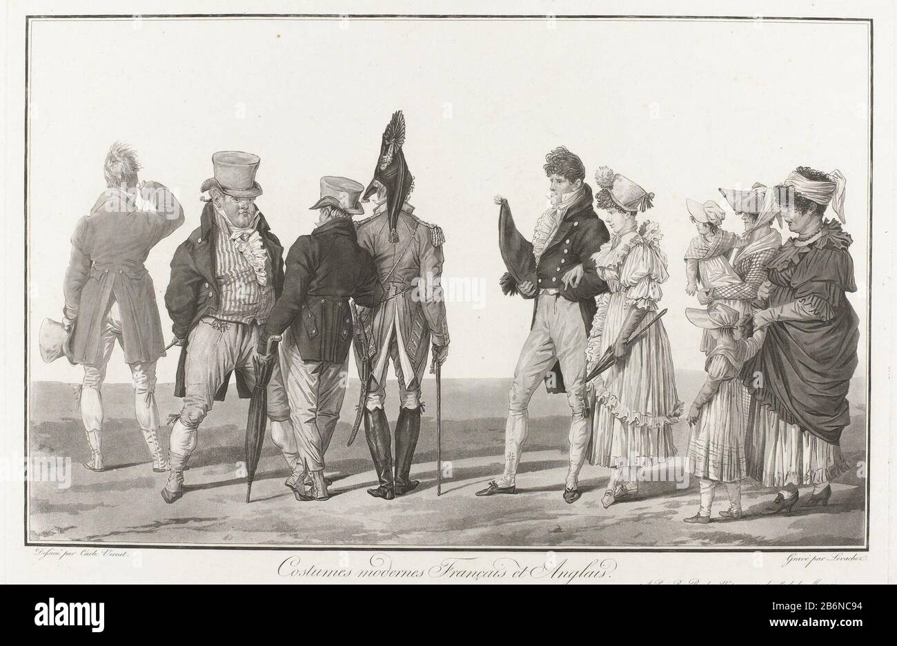 Cartoon der französischen und englischen Mode im letzten Viertel des achtzehnten Jahrhunderts. Links vier Männer, von denen drei auf dem Rücken gesehen wurden. Einer von ihnen trägt ein Kreuz und zwei hohe Mütze. In der Mitte sind eine Dame und ein Gentleman Arm in Arm mit den rechten zwei Frauenkindern. Hersteller : Druckerhersteller Charles François Gabriel Levachez (denkmalgeschütztes Eigentum) zur Zeichnung: Carle Vernet (denkmalgeschütztes Gebäude) Herausgeber: Unbekannt (denkmalgeschütztes Eigentum) Herstellung: Druckmaschine: Frankreich Herausgeber: Paris Datum: 1802 - 1803 Material: Papiertechnik: Aqua Hue / Ätzmaße: Bogenrand: H: 380 mm × W 570 mm Betreff: Stockfoto