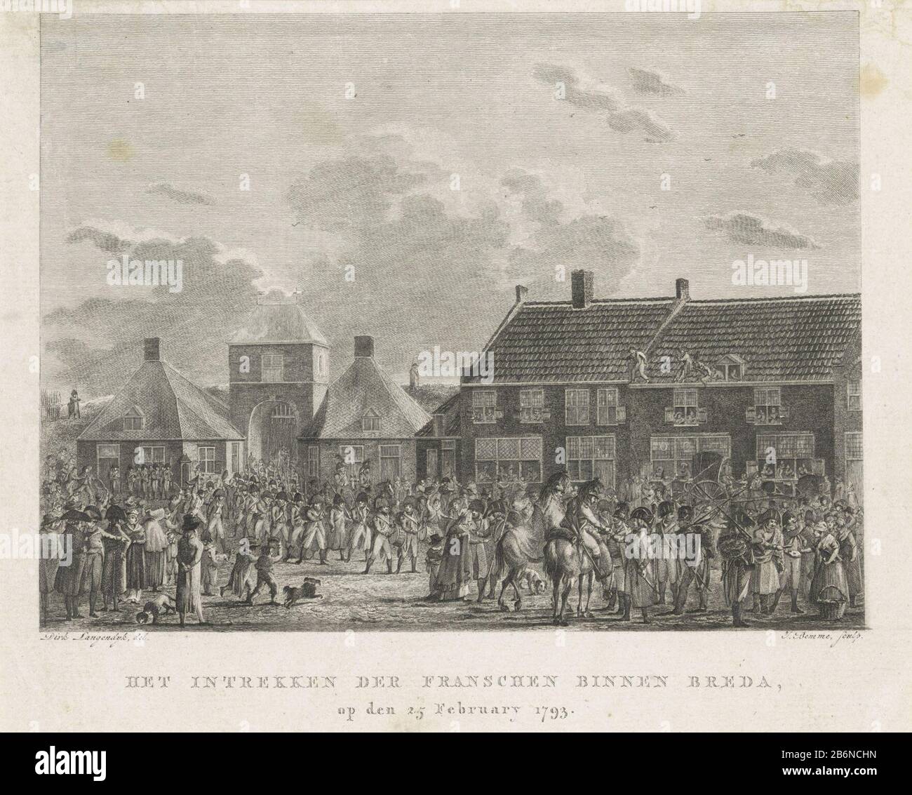 Fransen trekken Breda binnen, 1710 Het intrekken der Franschen binnen Breda, op den 25. Februar (titel op object) die französische Armee zieht den Haagpoort Breda ins Innere, 21. Februar 173. Hersteller : Druckereifachmann Joannes Bemme (Listed Property) zur Zeichnung: Dirk Langendijk (Listed Object) Ort Herstellung: Nordniederland Datum: 1800 - 1802 Physikalische Merkmale: Ätzungs- und Engra-Material: Papiertechnik: Ätzung / Engra-Abmessungen: Blatt: H 185 mm × W 230 mm Betreff: März in die Belagerung des Eroberten Ortes und die Einnahme von Breda (1793), Als: 1793-02-21 - 1793-02-21 Stockfoto