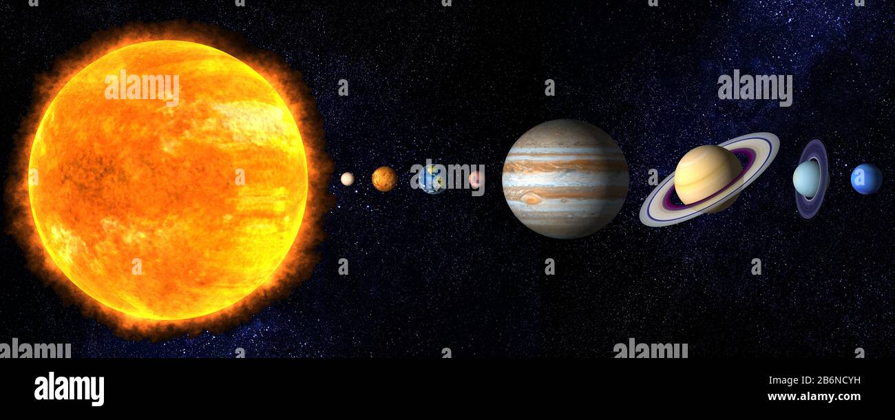 Planeten. Planet. Das Sonnensystem auf Sternenhintergrund. Quecksilber, Venus, Erde, Mars, Jupiter, Saturn, Neptun, Uranus. Stockfoto