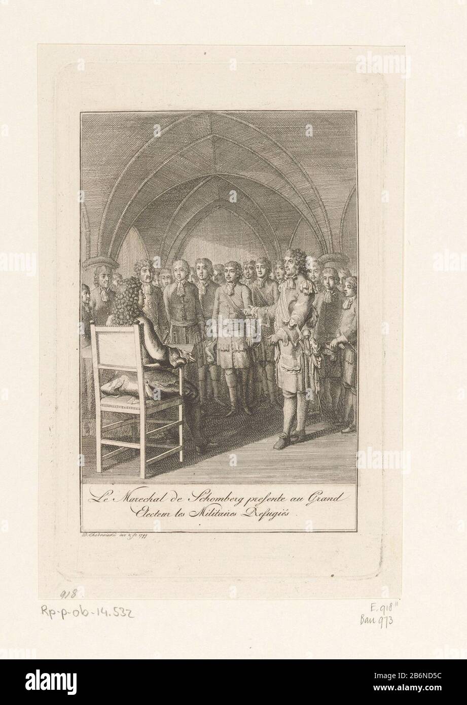 Friedrich I. wortt voorgesteld door de hertog van Schomberg Mit Unterschrift in Frans. Hersteller : Druckerhersteller Daniel Nikolaus Chodowie: Cki (denkmalgeschütztes Gebäude) in seiner Gestaltung: Daniel Nikolaus Chodowiecki (denkmalgeschütztes Objekt) Herstellung: Berlin Datum: 1799 Material: Papiertechnik: Ätzmaße: Plattenkante: H 176 mm × W 112 mmToelichtingPrent verwendet für: Erman, Jean Pierre. Memoires pour servir à l'histoire des Réfugiés François dans les états du roi. 9 Teile. Berlin: Fred. Barbiez, 1799, Bd. 9. Betrifft: Vault-Architektur -Machthaber, Oberster Souveränitätskommandeur, General, MarshalintroduingW Stockfoto