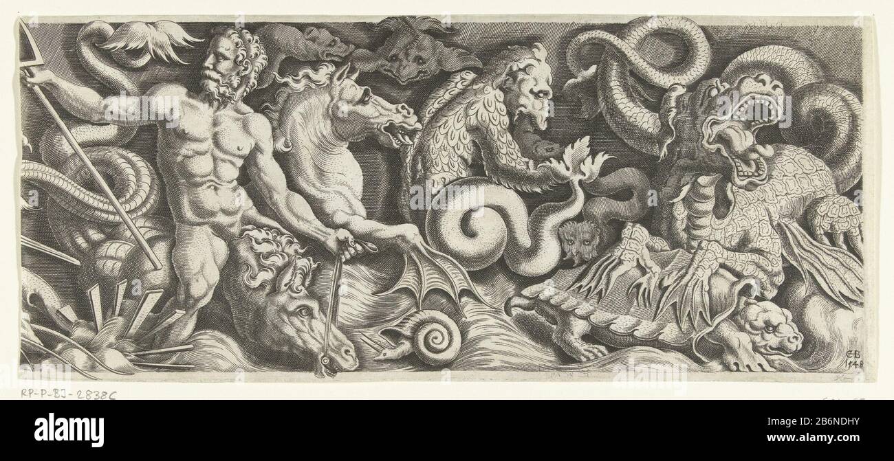 Fries traf de triomf van Neptunus, rechter plaat Rechts Teil eines Frieses mit dem Triumph des Gottes Neptun. Verschiedene Fabelwesen sind ineinander verdreht. Links Neptun auf einem Hippocampus. Hersteller : Druckhersteller Cornelis Bos (denkmalgeschütztes Gebäude), entworfen von Giulio Romano zur Gestaltung: Andrea MantegnaPlaats Herstellung: Unbekannt Datum: 1548 Physische Merkmale: Fahrzeugmaterial: Papiertechnik: Engra (Druckverfahren) Abmessungen: Blatt: H 145 mm × W 338 mm Betreff: (Geschichte von) Neptun (Poseidon) fabelhafte Tiere  Fische fabelhafte Tiere  Reptilesseepferd, Hippocamp, "Hippocampus", (Pferd / Stockfoto