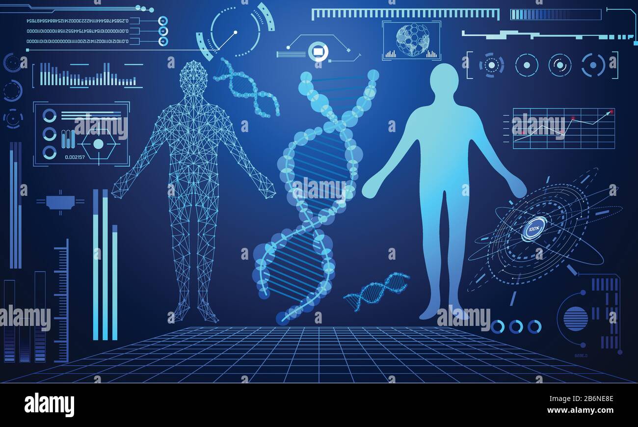 Abstrakte Technologie ui futuristisches Konzept Digitale DNA-Gesundheitsversorgung von hud-Schnittstellen Hologrammelemente digitaler Datendiagramme, Kommunikation, innova Stock Vektor