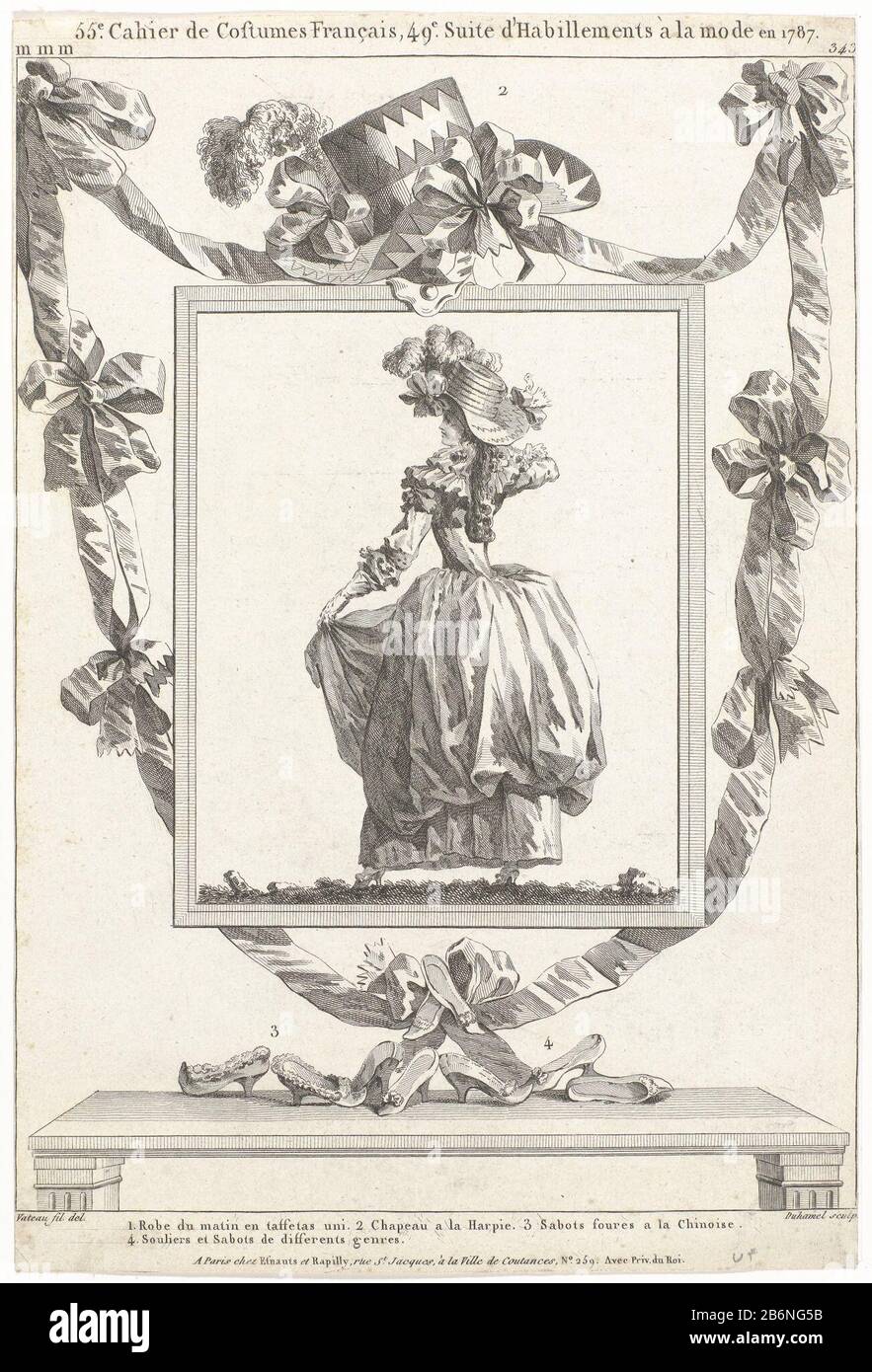 Galerie des Modes et Costumes Français, 1787, mm 343: Robe du matin and taffeta un (...) Objektart: Modebild Artikelnummer: RP-P-2009-2127 Aufschriften/Marken: Titel, oben mittig im Rand, eingraviert '55 Cahier de Costumes Français, 49 Suite d'Habillements à la Mode und 1787.'onderschrift Mitte im unteren Rand, eingraviert: '1. Robe du matin and tafetas uni. 2 Chapeau a la Harpie. 3 Saboten Foures a la Chinoise. 4. Souliers et Sabots die verschiedenen Genres.'adres, unten Mitte im Rand, graviert: 'A Paris et chez Esnauts Rapilly, rue St. Jacques, à la Ville de Coutances, Stockfoto