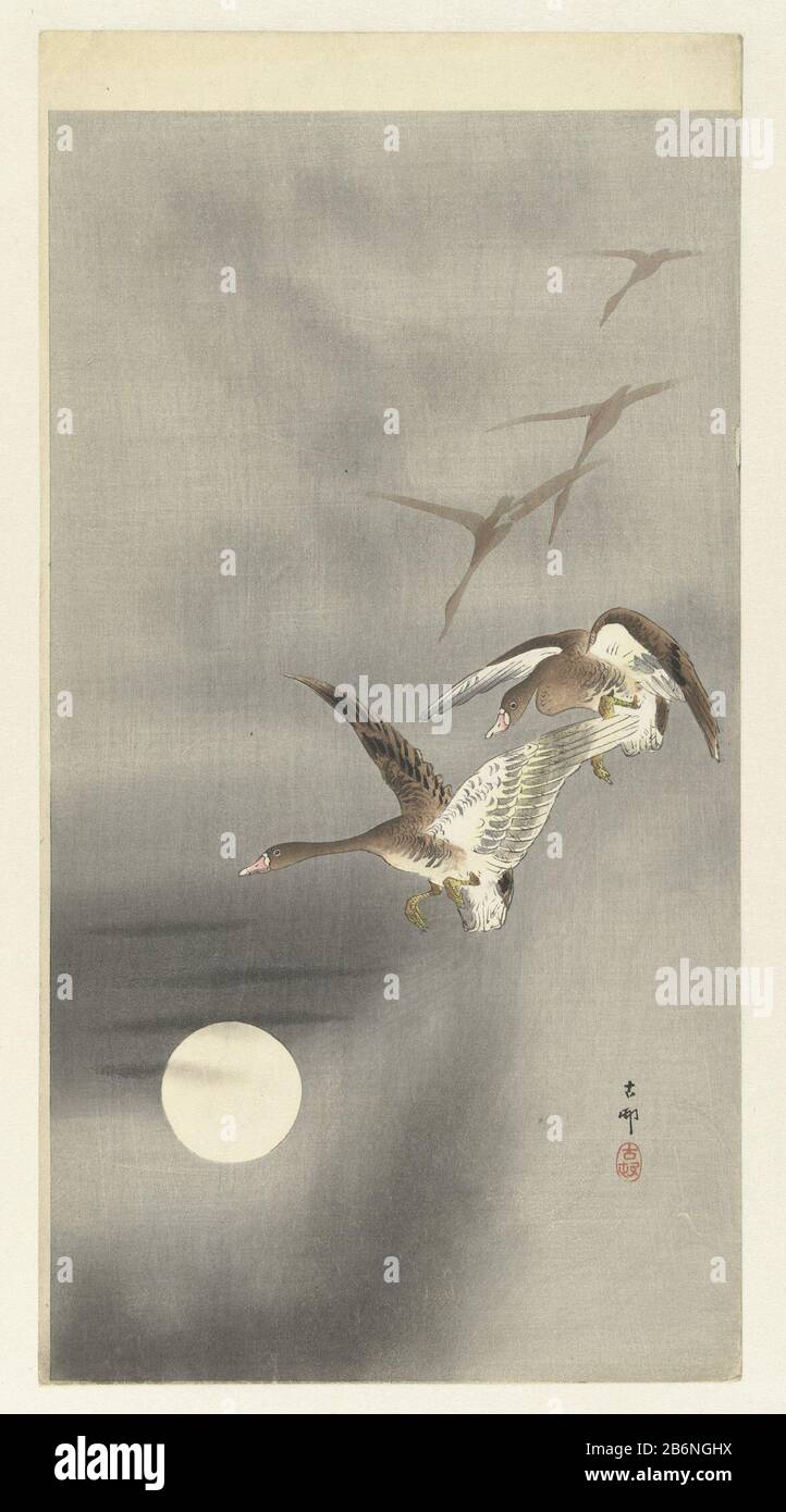 Ganzen in der Lucht Fünf Gänse im Flug bei Vollmond Hersteller: Druckmaschine: OHara Koson (denkmalgeschütztes Gebäude) Herausgeber: Matsuki HeikichiPlaats Herstellung: Druckmaschine: Japan Herausgeber: Tokio Datum: 1900 - 1930 Physische Eigenschaften: Farbholzblockmaterial: Papiertechnik: Farbholzblockabmessungen: Bild: H 348 mm × W 188 mm Stockfoto