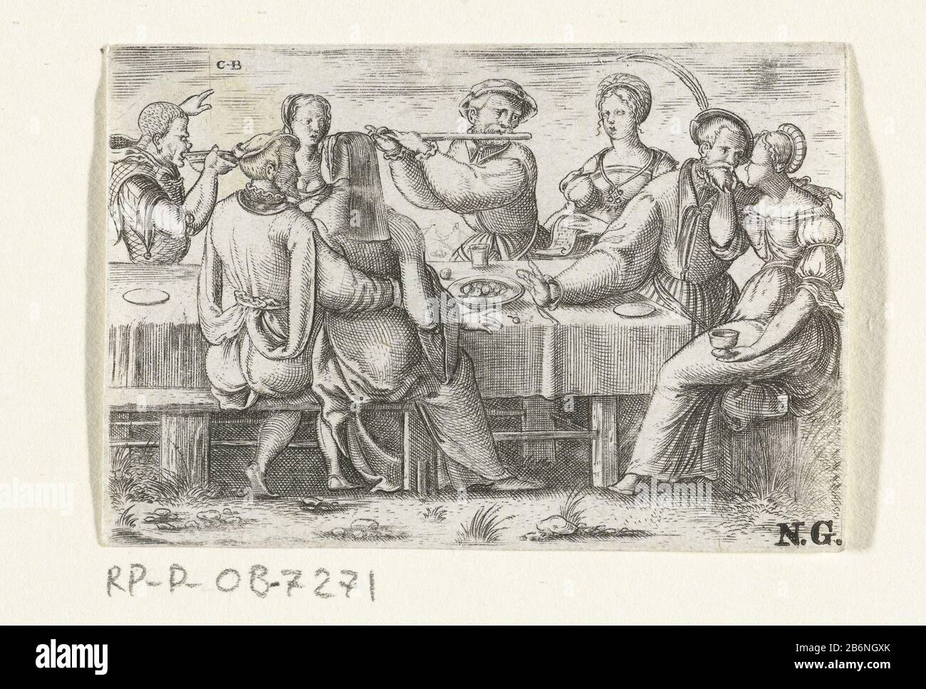 Staunen Sie auf dem bruidspaar aan tafel Bride und Bräutigam und Hochzeitsgäste an einem festgelegten Tisch. Musik wird von einem Flötisten und einem Zangeres gemacht. Hersteller : Druckhersteller Cornelis Bos (börsennotierte Immobilie) Datum: CA. 1537 - ca. 1555 Physikalische Merkmale: Fahrzeugmaterial: Papiertechnik: Engra (Druckverfahren) Abmessungen: Blatt: H 54 mm x b 80 mm Betreff: Festessen, Festessen, Bankett - CC - out oder Musiker (s) Begleitsänger (s) - CC - out oder Flöte, Aulos, Tibia - CC - out oder by Stockfoto