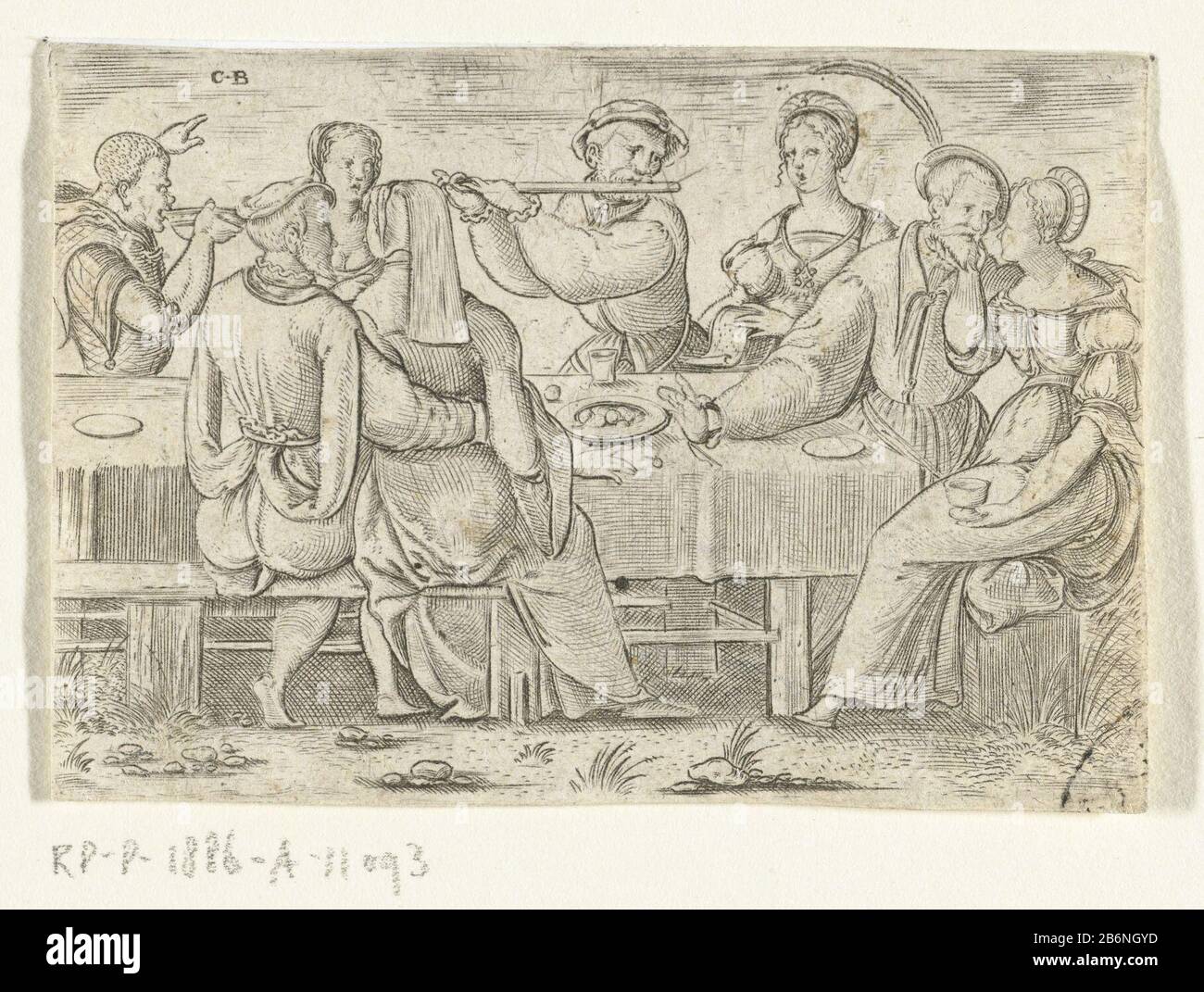 Staunen Sie auf dem bruidspaar aan tafel Bride und Bräutigam und Hochzeitsgäste an einem festgelegten Tisch. Musik wird von einem Flötisten und einem Zangeres gemacht. Hersteller : Druckhersteller Cornelis Bos (börsennotierte Immobilie) Datum: CA. 1523 - ca. 1555 Physikalische Merkmale: Fahrzeugmaterial: Papiertechnik: Engra (Druckverfahren) Abmessungen: Blatt: H 54 mm x b 80 mm Betreff: Festessen, Festessen, Bankett - CC - out oder Musiker (s) Begleitsänger (s) - CC - out oder Flöte, Aulos, Tibia - CC - out oder by Stockfoto