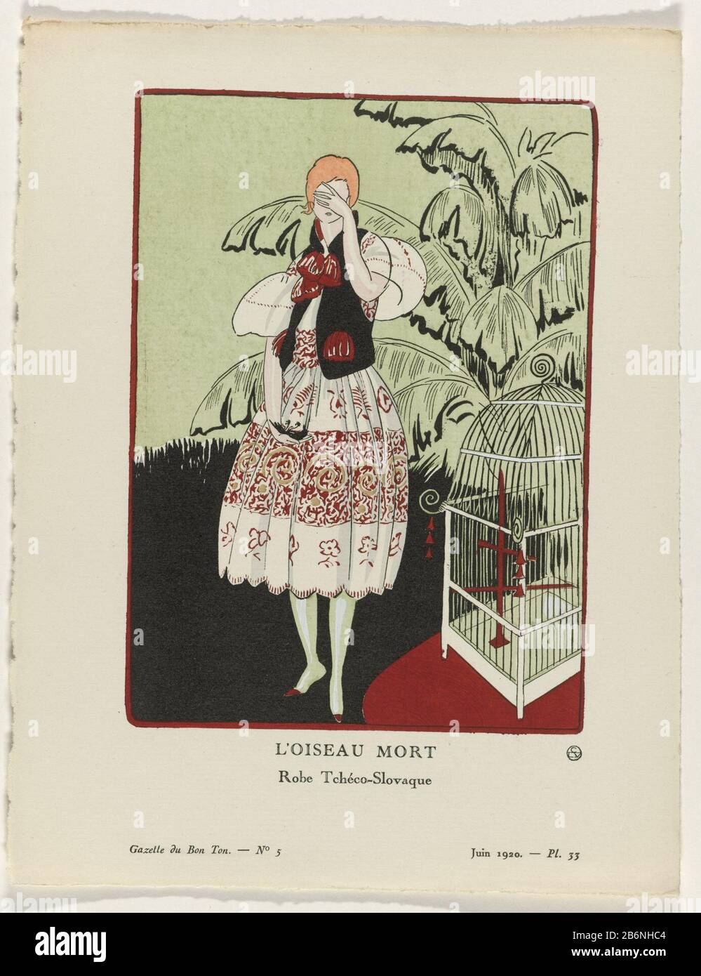 Frau, die mit einem toten Vogel in der Hand steht. Sie trägt einen Nachmittagskleid oder eine Robe Tcheco-Slowaque ', mit einem schwarzen Samtboden und roten Stickereien und Quasten. Planche 33 der Gazette du Bon Ton, 1920, Nr. 5. Beschreibung der Kleidung auf der Seite "Explication des Planches". Hersteller : Design von L'Hunk Rent Autor: Anonymer Verleger Lucien Vogel (denkmalgeschütztes Gebäude) Herausgeber: The Field Press Publisher: Naville et Cieuitgever: Condé Nast Publisher Publisher: Imprimerie Studium Place Manufacturing: Publisher Paris Publisher: London Publisher: Geneva Publisher: New York Publisher: Paris Date: 1920 Physical Stockfoto
