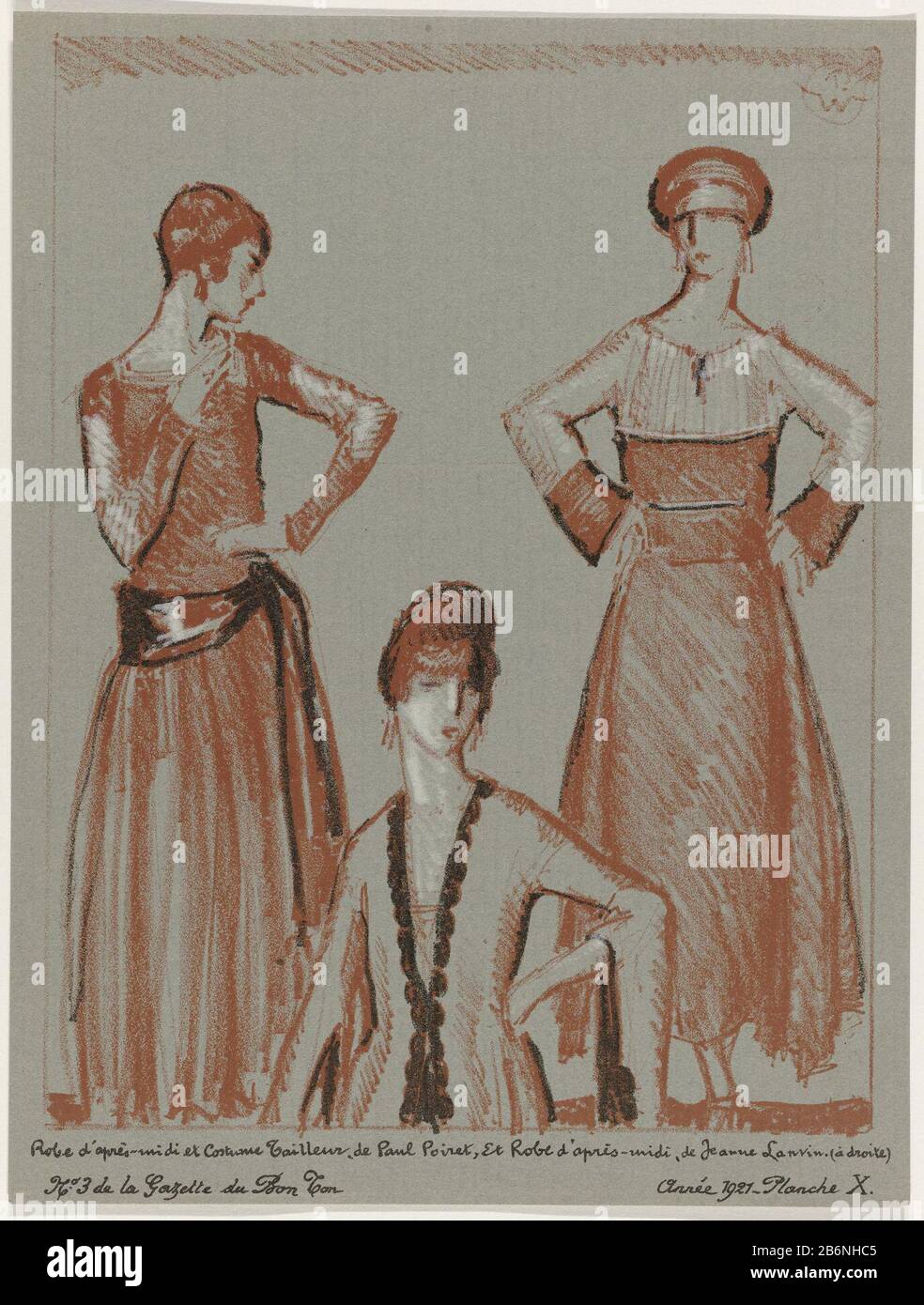 Zwei Frauen, wo: Eine auf halber Länge, gekleidet in einem Nachmittagskleid und einem Anzug von Paul Poiret. Die Frau auf der rechten Seite trägt ein Nachmittagskleid von Jeanne Lanvin. Planche X aus einer Reihe von vier Lithografien mit dem Titel "Les Modes de Grace and l'an mil neuf Cent un t" der Gazette du Bon Ton, 1921, Nr. 3. Beschreibung der Kleidung auf der Seite "Explication des Planches". Hersteller : zu entwerfen: Porter Woodruff (denkmalgeschütztes Gebäude) Druckerhersteller: Anonymer Modedesigner Paul Poiret (denkmalgeschütztes Gebäude) Modedesignerin Jeanne Lanvin (denkmalgeschütztes Gebäude) Verlegerin Lucien Vogel ( nach Objekt aufgelistet) Verlegerin: Condé Nas Stockfoto