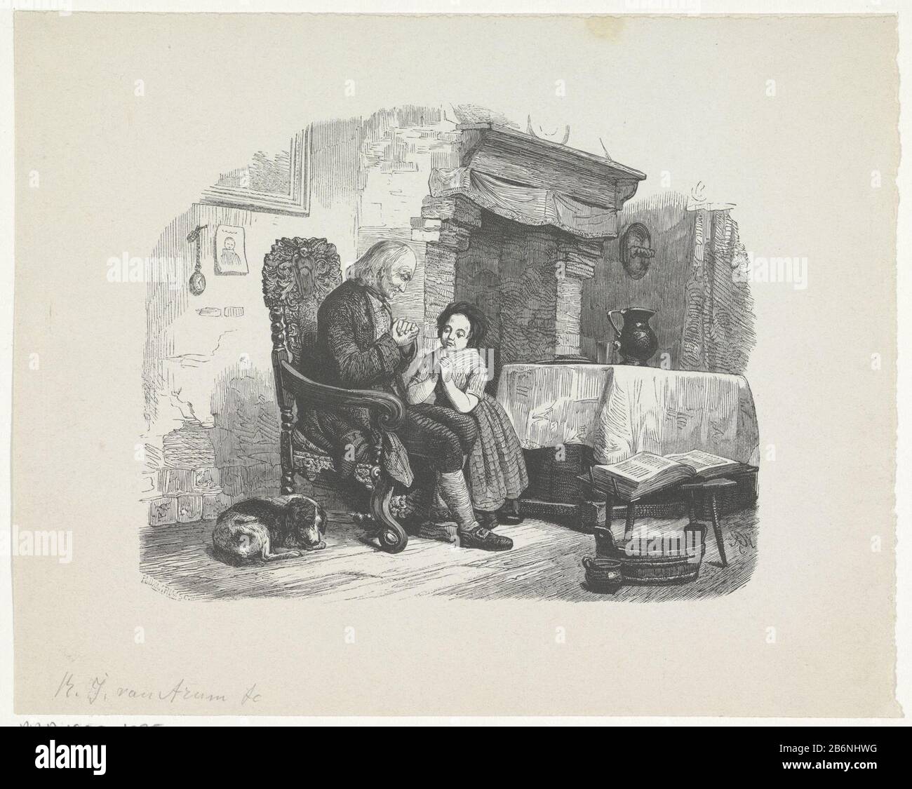 Gebed EIN Mann und ein Mädchen im Gebet in einem Raum mit Kamin und einem Tisch mit Krug. Im Vordergrund ein Hond. Hersteller : Druckmaschine: Rombertus Julian van Arum (Listed Property) Ort Herstellung: Amsterdam Datum: 1822 - 1883 Physikalische Merkmale: Holz-Engra-Material: Papiertechnik: Holz-Engra Abmessungen: Blatt: H 170 mm × W 214 mm Subjekt (privat) Beten; 'Oratione '' Preghiere '' Preghiere a Dio '(Ripa) offenes Feuer, Kamin, Herd (in der Küche) Tisch Stockfoto