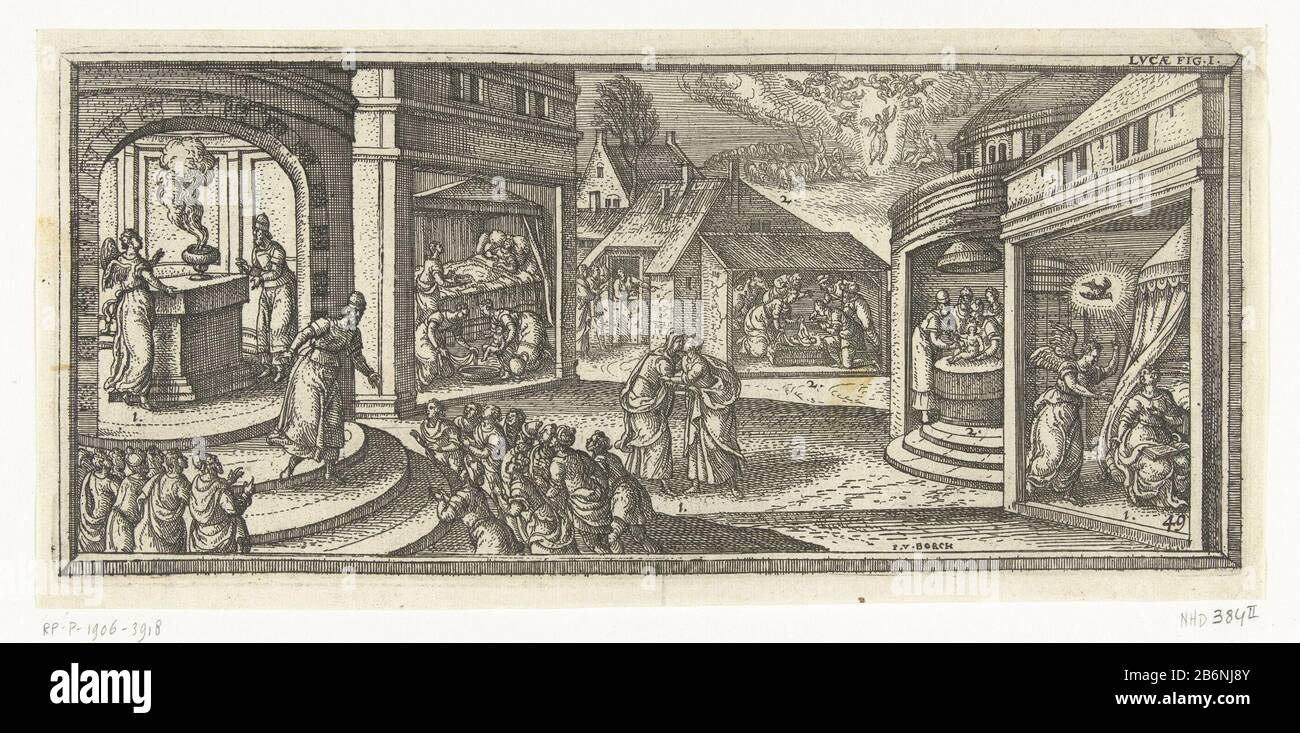 Geboorte van Christus en Johannes de Doper Bijbelse taferelen (serietitel) Geburt Christi und Johannes des Täufers biblische Szenen (Serientitel) Eigenschaft Typ: Druck Seriennummer 43 / 90Objectnummer: RP-P-1906-3918Catalogusreferentie: New Hollstein Dutch 384-2 (2) Beschreibung: Verschiedene Szenen aus dem Lukas-Evangelium der Geburt. Die Szenen sind durchnummeriert. Ganz links im Bild erscheint dem Pfarrer Zacharias der Engel Gabriel. Er verkündet ihm die Geburt seines Sohnes Johannes des Täufers (Lukas 1,9-20). Zacharias verlässt daraufhin den Tempel und wird vom Volk befragt (Lukas 1:21-2 Stockfoto