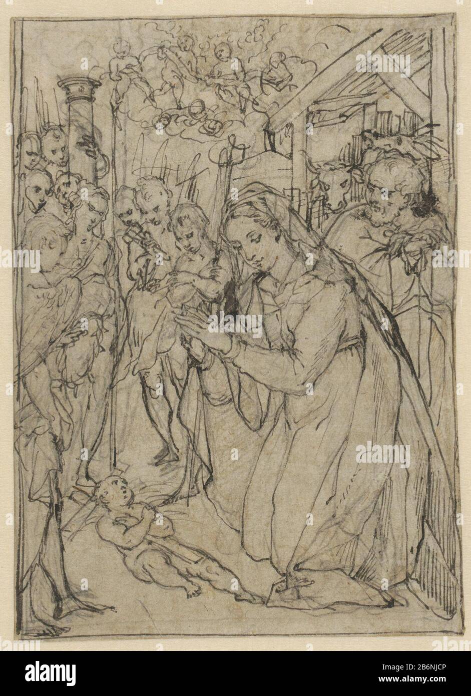 Geboorte van Christus Geburt Objekttyp: Zeichnung Objektnummer: RP-T 1962-57 Hersteller: Künstler: Anonymer Künstler Francesco Vanni (Namensnennung abgelehnt) Datum: 1500 - 1599 Physikalische Merkmale: Stift in schwarzem Bleistift-Material: Papiertinte Bleistift-Technik: Stiftmaße: H 213 mm × W 153 mm Betreff: Anbetung des Christuskindes durch Maria und Josef (+ Engel(e))) Stockfoto
