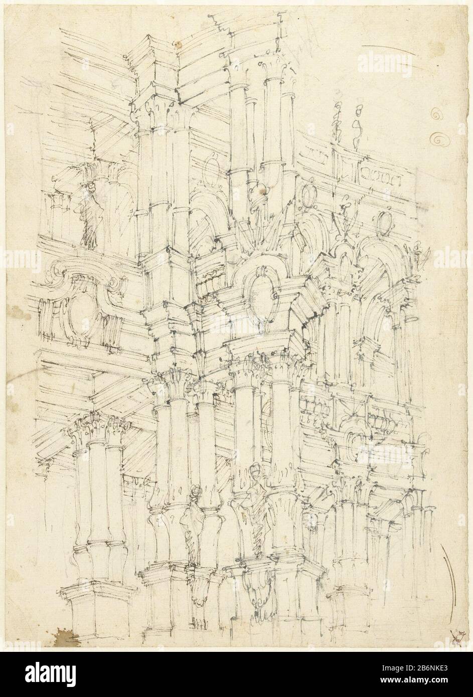 Die Zimmer waren mit einem Tiefgang ausgestattet. Hersteller : Künstler Giuseppe Galli Nada Bibi Diskontierung: CA. 1706 - ca. 176 Physikalische Merkmale: Stift in Braun und Grau, über einer Skizze in Graphitmaterial: Papier Graphit Ink Technologie: Stift / Stift Abmessungen: Blatt: H 293 mm × W 212 mmToelichtingKraftwerk für theaterdecor. Stockfoto