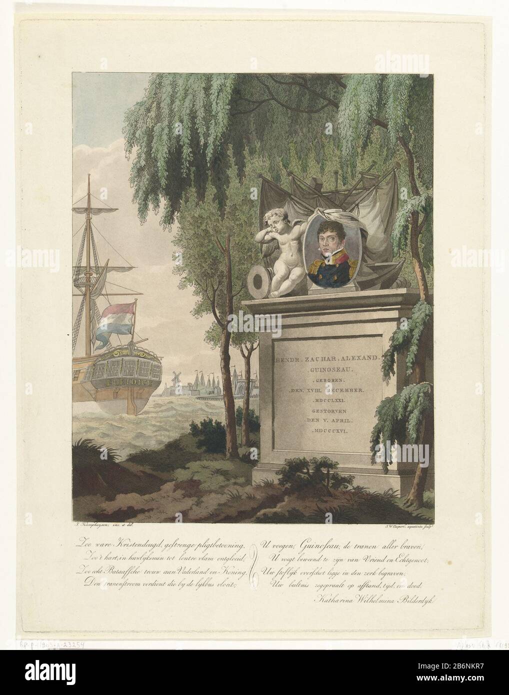 Gedenkteken voor Hendrik Zacharias Alexander Guinoseau traf Portret Im Vordergrund mit einer Gedenkinschrift und dem Porträt von Henry Alexander Zacharias Guinoseau. Das Porträt wird von einem weinenden Engel Guinoseau gehalten, der Uniform der Marine, die nach links pleite ist. Eine weinende Weide überschattet das Grab. Im Hintergrund die Umrisse einer Stadt und der Kriegsfregatte Eurydice. Der Druck hat einen niederländischen gedicht. Hersteller : Druckerhersteller Jan Willem Caspari (unter Denkmalschutz) zur Zeichnung: Jan Kamphuijsen (unter Denkmalschutz) entworfen von Jan Kamphuijsen (unter Denkmalschutz) Schriftstellerin: Katharina Wilhelmina Sch Stockfoto