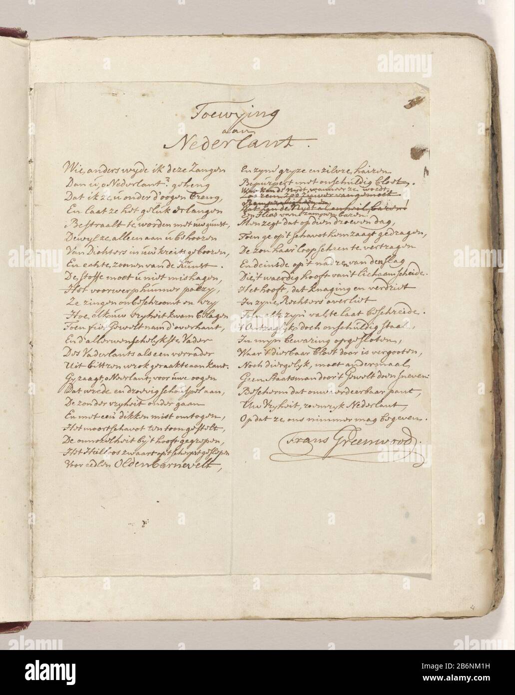 Gedicht op het zwaard waarmée Johan van Oldenbarnevelt 1619 zou zijn onthoofd Toewijding aan Nederlant (titel op object) Teil des Gedichtbandes aus den Jahren 1743-1745 bis zum Schwert, mit dem Johan van Barneveld 1619 enthauptet werden würde. Das Schwert war im Besitz des französischen Greenwood. Hersteller : Autor: Französisch Greenwood (persönlich unterzeichnet) Ort Herstellung: Niederlande Datum: 1743 - 1745 Physische Merkmale: Handschrift mit Stift in braunem Material: Papiertinte Technologie: Briefabmessungen: Blatt: H 275 mm × W 220 mm Betreff: Verurteilung und Ausführung von Johan van Barneveld Wann: 1748wie Stockfoto