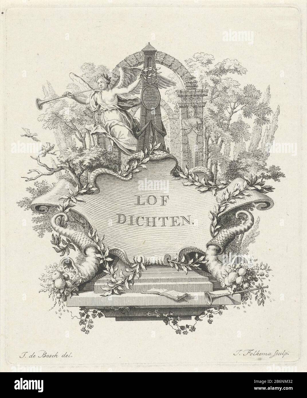 Gedenkuil traf Kartusche Lof Dichten (titel op object) eine Kartusche ist mit Blättern am Sockel einer Gedenksäule verziert. In der Kartusche sind der Titel, links und rechts davon mit Fruchthörnern abgebildet. Oben an der Gedächtnissäule steht ein mit einem Lauwerkraner besetzter, aus Horn ragender Engel. Hersteller: Druckmaschine: Jacob Folkema (auf dem Objekt angegeben) zur Zeichnung von: Johannes de Bosch (auf dem Objekt angegeben) Datum: 1757 Physikalische Eigenschaften: Ätzmaterial: Papiertechnik: Ätzmaße: Plattenkante: H 152 mm × W 125 mm Subject Bumper Memorial Structures'Cornucopia 'Horn von Stockfoto