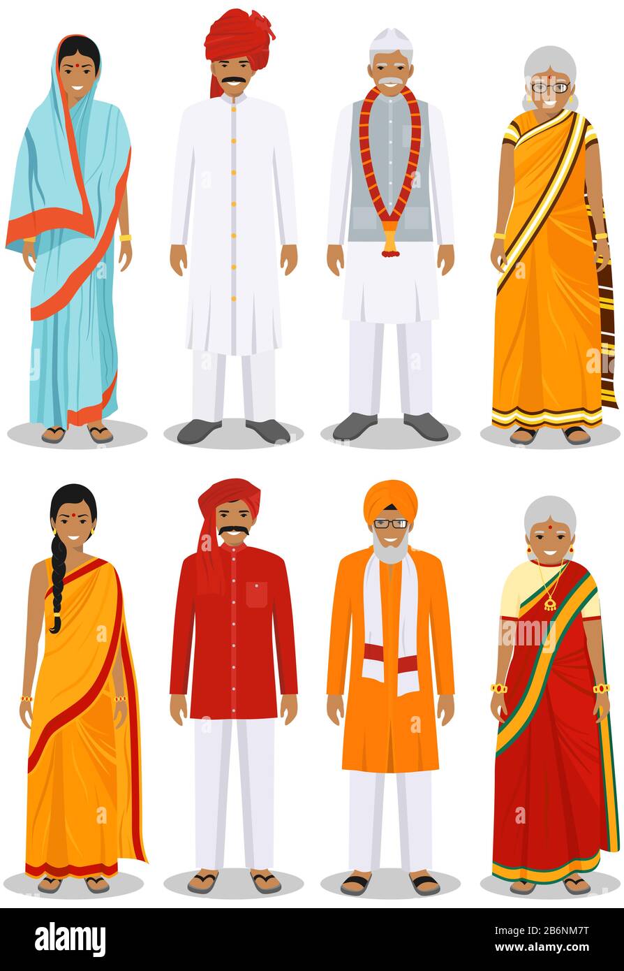 Satz von verschiedenen ständigen indischen alte Menschen in der traditionellen Kleidung auf weißem Hintergrund im flachen Stil isoliert. Unterschiede älterer Männer und Frauen Stock Vektor