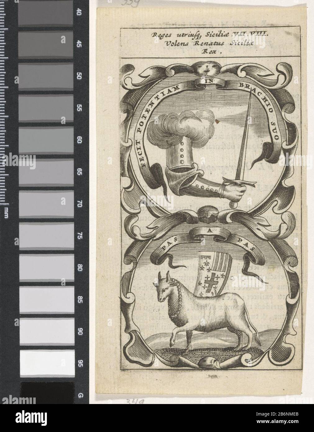 Geharnaste Arm traf zwaard Löffde os Fecit Potentiam Brachio Suo Pas a Pas (titel op object) Symbola Divina et Humana Pontificum Imperatorum Regum (serietitel) Geharnaste Arm traf z Stockfoto