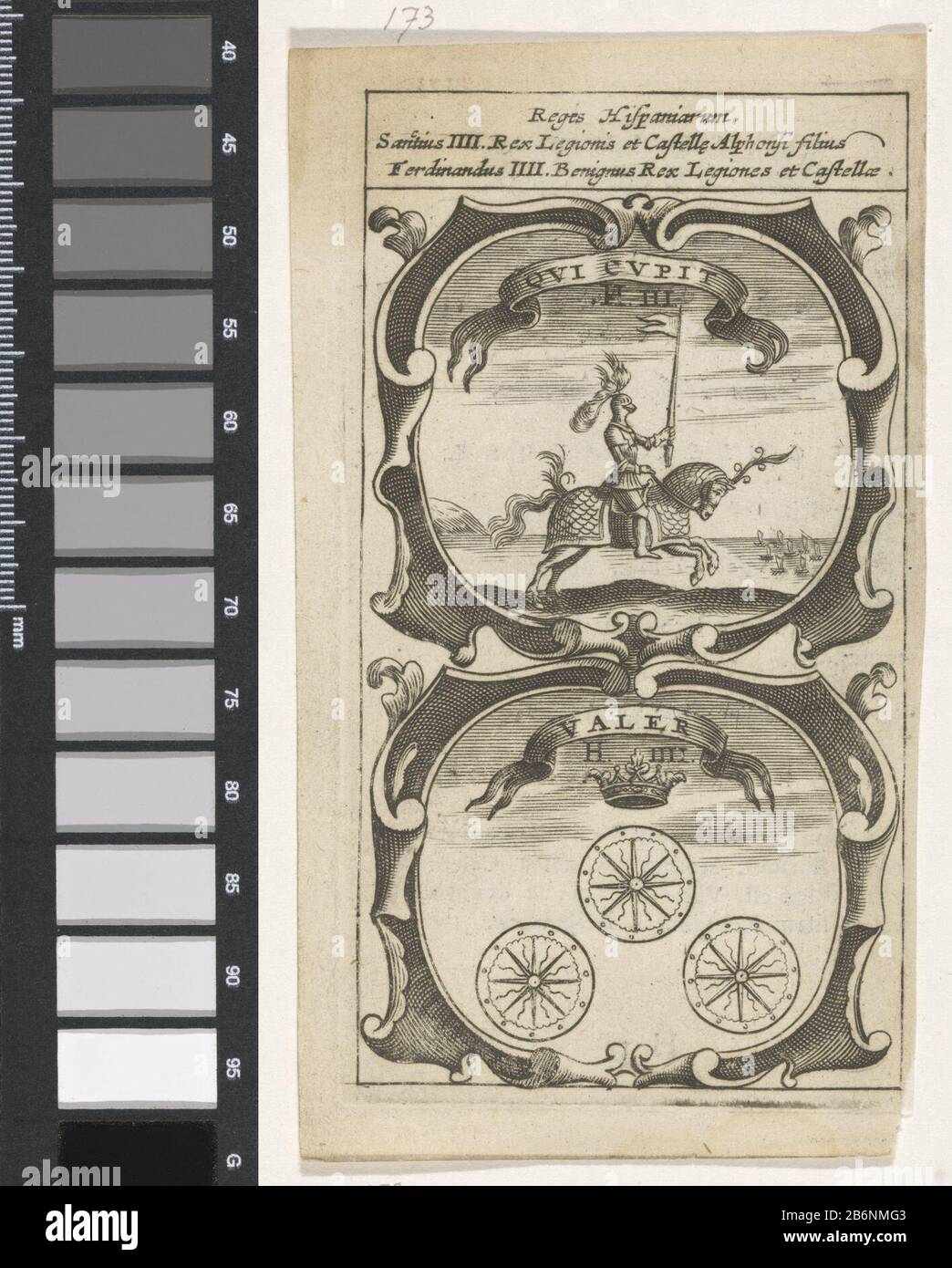 Geharnaste ridder te paard Drie wielen met kroon Qui Cupit Valer (titel op object) Symbola Divina et Humana Pontificum Imperatorum Regum (serietitel) Een embleem met twee voorstellingen. Boven een landschap met een geharnaste ridder te paard. Die Drie wielen von radern traf een kroon daarboven. Het bettreffen deviezen van koning Sancho IV. En Ferdinand IV. Van Castilië. Hersteller : Hersteller: Anoniemnaar prent van: Aegidius Sadeler dating: 1666 Physikalische Kenmerken: Tiefdruck; verso traf tekst in boekdrauk Material: Papier Techniek: Graveren (Drukproceé) / boekdrauk Abmessungen: Plaatrand: H 122 mm Stockfoto