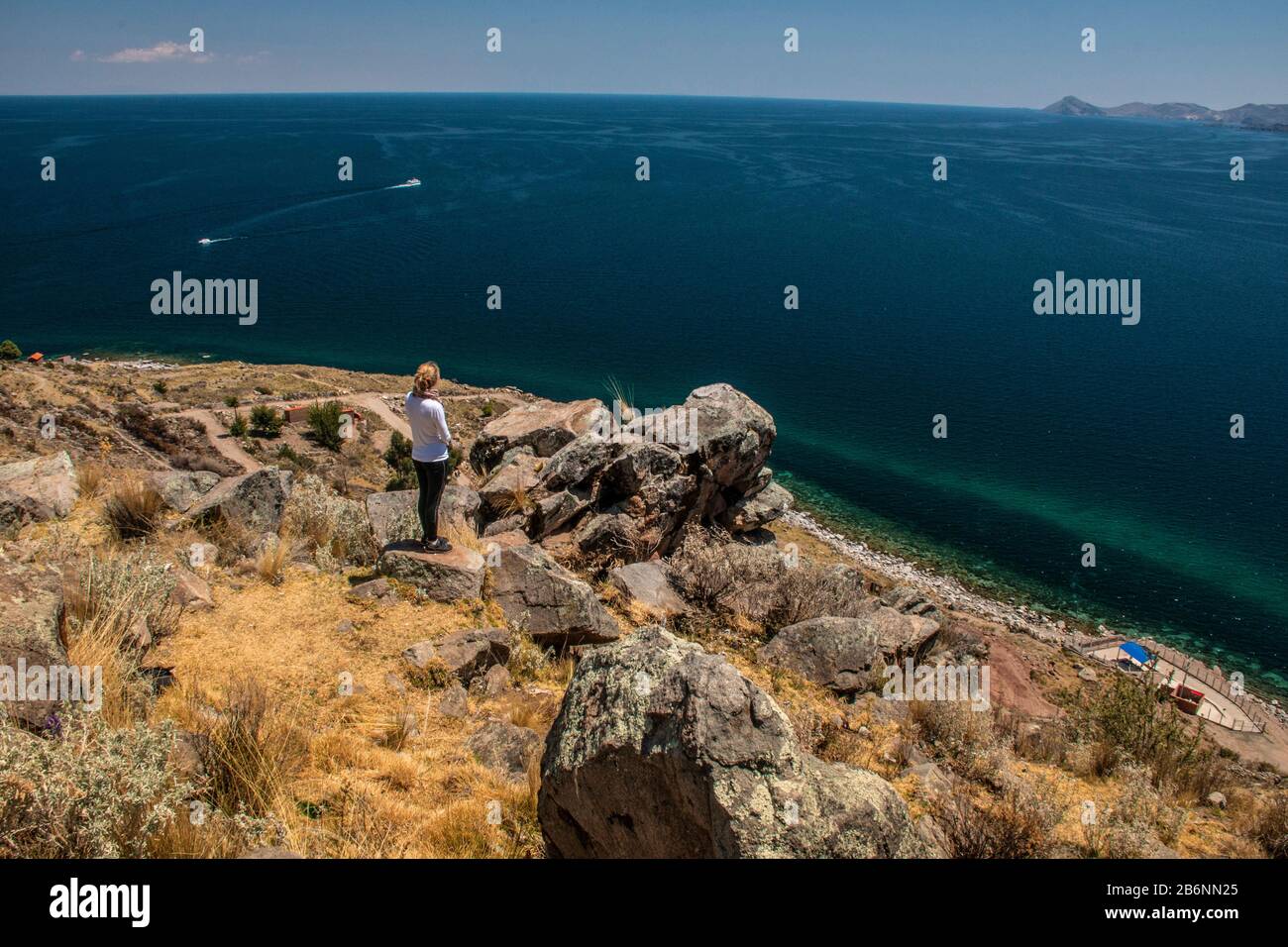 Panoramablick auf den Titicacasee Copacabana, Bolivien Stockfoto