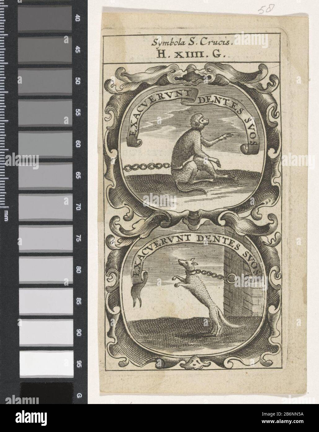 Geketende aap geketende vos Exacuerunt Dentes Suos Exacuerunt Dentes Suos (titel op object) Symbola Divina et Humana Pontificum Imperatorum Regum (serietitel) Een embleem met twee voorstellingen. Boven een geketende aap. Onder een vos geketend aan een muur. Hersteller: Pretmaker: Anoniemnaar prent van: Aegidius Sadeler dating: 1666 Physikalische Kenmerken: Gravure; verso traf tekst in boekdrauk Material: Papier Techniek: Graveren (Drukproceé) / boekdrauk Abmessungen: Plaatrand: H 121 mm × b 66 mmToelichtingina Pagina, Pontifum und Syficatola. Arnhem, J.F. Stockfoto