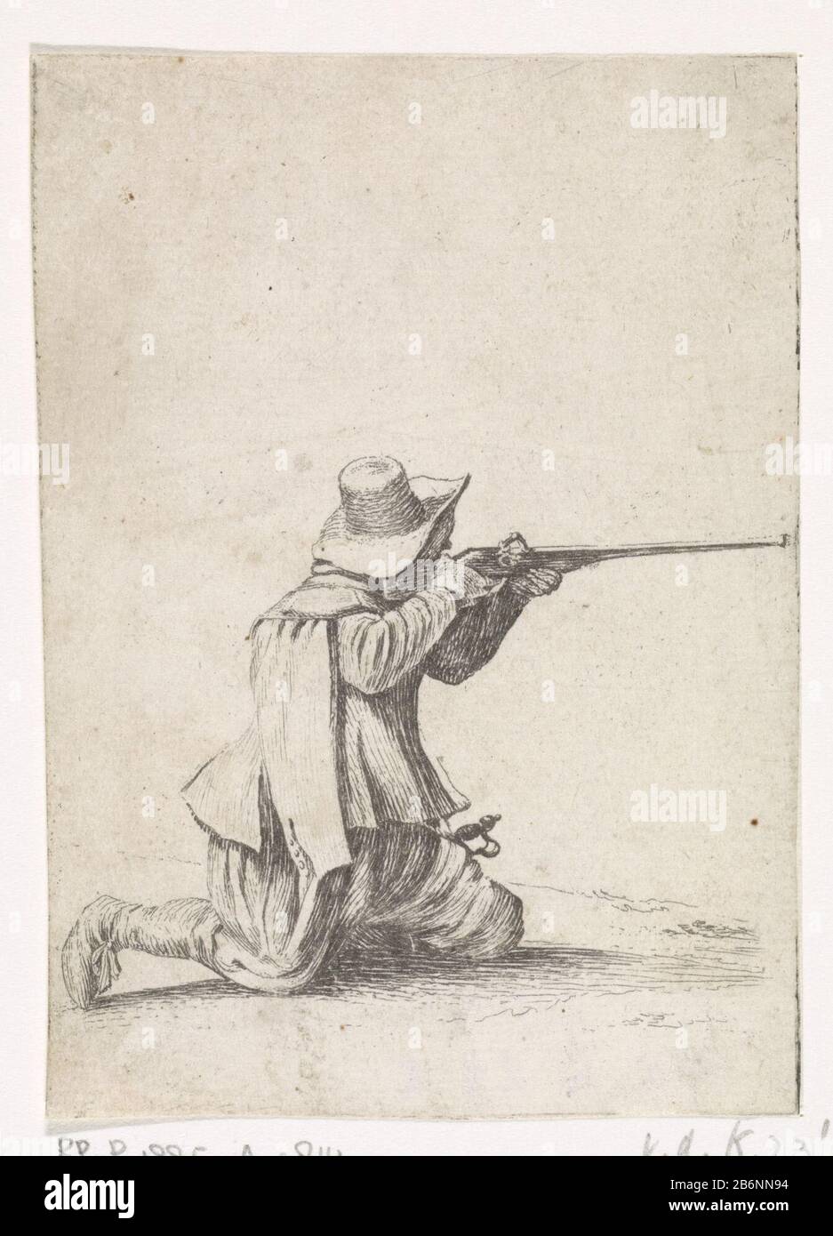 Geknielde soldaat, zijn geweeer aanleggende Soldats & Chevaux (serietitel) Soldatens en paarden (serietitel) Knienden Soldaten rechts, sein Gewehr klagende. Neunter Druck aus einer Serie von zwölf Drucken mit Bildern von Soldaten und Pfarden. Hersteller: Druckmaschine Dirk Maas zum Entwurf: Philips Wouwermans Mandat: 1708 - 1717 Physikalische Merkmale: Radierung; Proofing Material: Papiertechnik: Ätzmaße: Blatt: H 100 mm (am Plattenrand abgeschnitten) × b 72 mm Betreff: Schusswaffen: Riflethe Soldat; Das Leben des Soldaten (+ Waffen) Umgang mit Waffen  Militär-Zugartillerie-Bereich, Schussweite, Sho Stockfoto