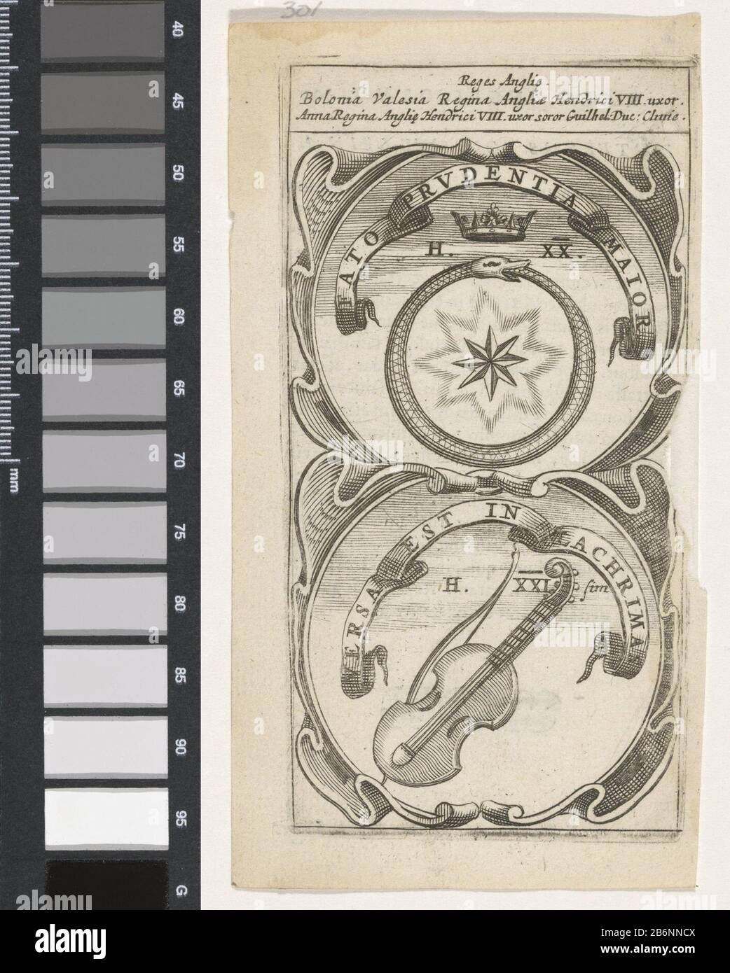 Gekroonde ouroboros traf auf ster Viool Fato Prudentia Major Versa EST In Lachrimas (titel op object) Symbola Divina et Humana Pontificum Imperatorum Regum (serietitel) Een embleem met twee voorstellingen. Boven een gekroonde ouroboros met in het midden een achtpuntige ster. Onder een strijkinstrument. Het bettreffen deviezen van Anna Boleyn en Anna van Kleef. Hersteller: Rentner: Anoniemnaar prent van: Aegidius Sadeler dating: 1666 Physikalische Kenmerken: Tiefdruck; verso traf tekst in boekdrauk Material: Papier Techniek: Graveren (Drukproceé) / boekdrauk Abmessungen: Plaatrand: H 120 mm × b 61 mm Toel Stockfoto