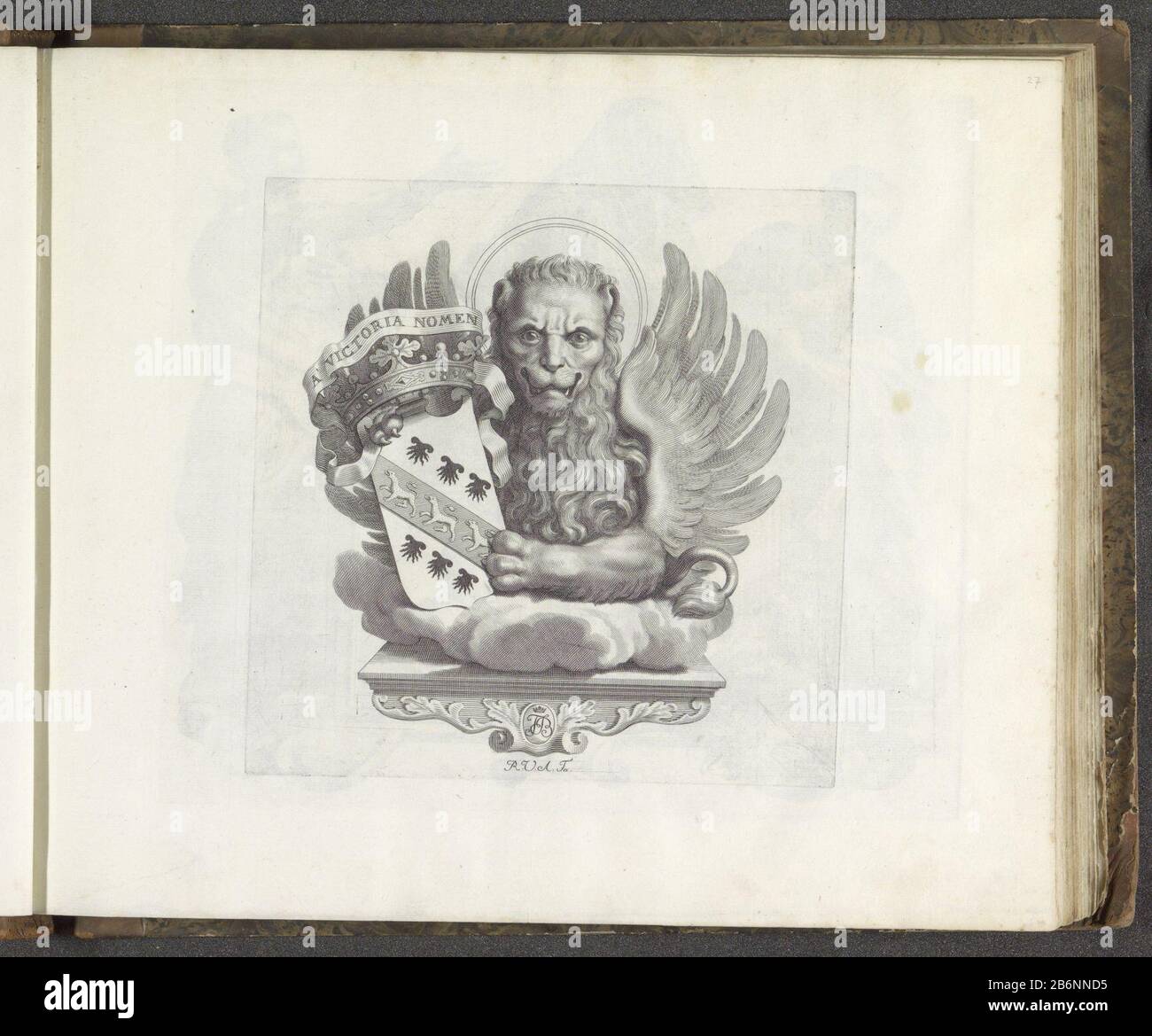Gekroond wappenschild traf de leeuw van Sint Marcus Numismata virorum illustrum ex Barbadica gente (serietitel) eine Konsole mit einem bekrönten Wappen der Familie Barbarigo, das vom Löwen von St. Mark gehalten wurde. Der geflügelte Löwe war das Symbol der Venetianischen Republik. Es ist das Motto: Eine Victoria Norns. Der Druck ist Teil eines Albums. Hersteller: Druckmaschine: Robert Audenaerd (denkmalgeschütztes Gebäude) Auftraggeber: Giovanni Francesco Barbarigo (denkmalgeschütztes Eigentum) Ort Herstellung: Rom Datum: 1673 - 1743 Physikalische Merkmale: Fahrzeugmaterial: Papiertechnik: Engra (Druckverfahren) Abmessungen: Plattenkante: H 181 mm × W 180 mm S Stockfoto