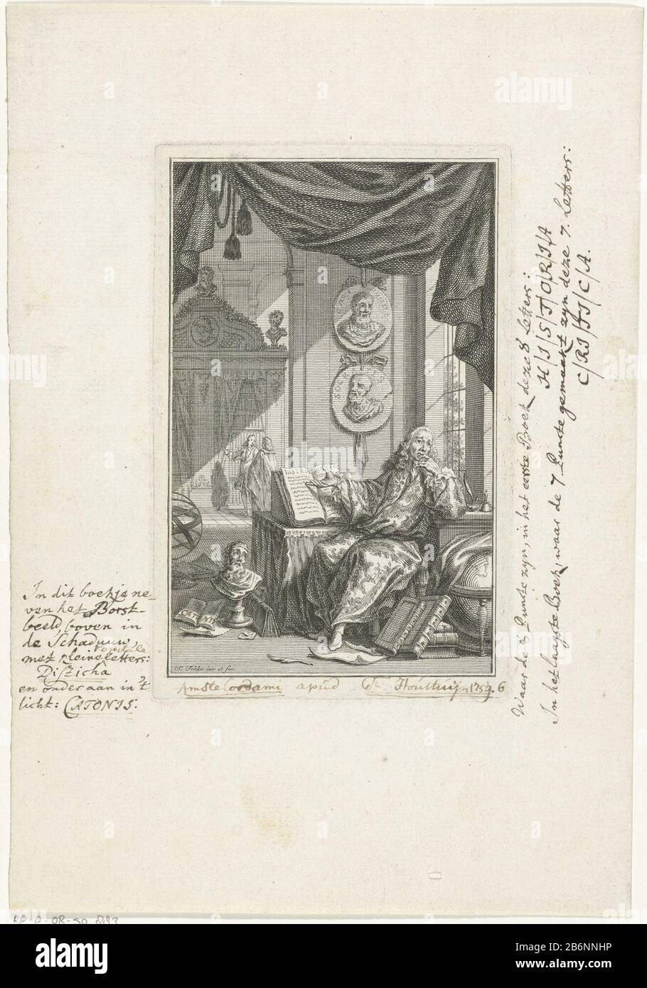 Geleerde in Studeervertrek Lernte in Studienobjekttyp: Bild Artikelnummer: RP-P-ob-50.883Katalogogusreferentie: Sammlung Rijksmuseum 2 (2) Hinweis 2 Proofs in der Sammlung des Rijksmuseums Beschriftung / Marke: Sammlermarke, Verso, gestempelt: Lugt 240numer, Rekto, Handschrift in brauner Tinte: 6'Tinte in brauner Tinte: Handschriftlich: Handschriftlich: Handschriftlich: Handschriftlich in S-ink Anweisungen für die Beschreibung des Briefgraveurs: Ein Gelehrter sitzt in einer Studie hinter einem Schreibtisch und deutet auf ein offenes Buch hin, das geschlagen wurde. Über seinem Schreibtisch hängen zwei Medaillons mit Porträts antiker Philosophen. Auf dem Boden um seinen Schreibtisch sind Papiere und Bücher ein por Stockfoto