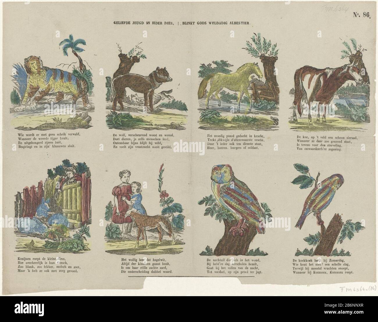 Geliefde jeugd in ieder der blinkt Gods weldadig albestier (titel op object) Leaf mit acht Darstellungen von Tieren. Unter jedem Bild ein vierzeilige Gedicht. Oben rechts nummeriert: Nr. 86. Ca. 1800-1850. Hersteller: Drucker: P.C.L. Stadt Czn.Prentmaker: Anonyme Baustellenfertigung: Drucker: Amsterdam Druckautor: Niederlande Datum: 1850 - 1870 Physische Merkmale: Holzschnitt mit Textdruck, farbiges Material: Papiertechnik: Holzschnitt / Druck / Farbabmessungen: Blatt: H 283 mm × W 362 mmToelichtingHet Adresse des Verlegers afgeknipt. Betrifft: Tiere Stockfoto