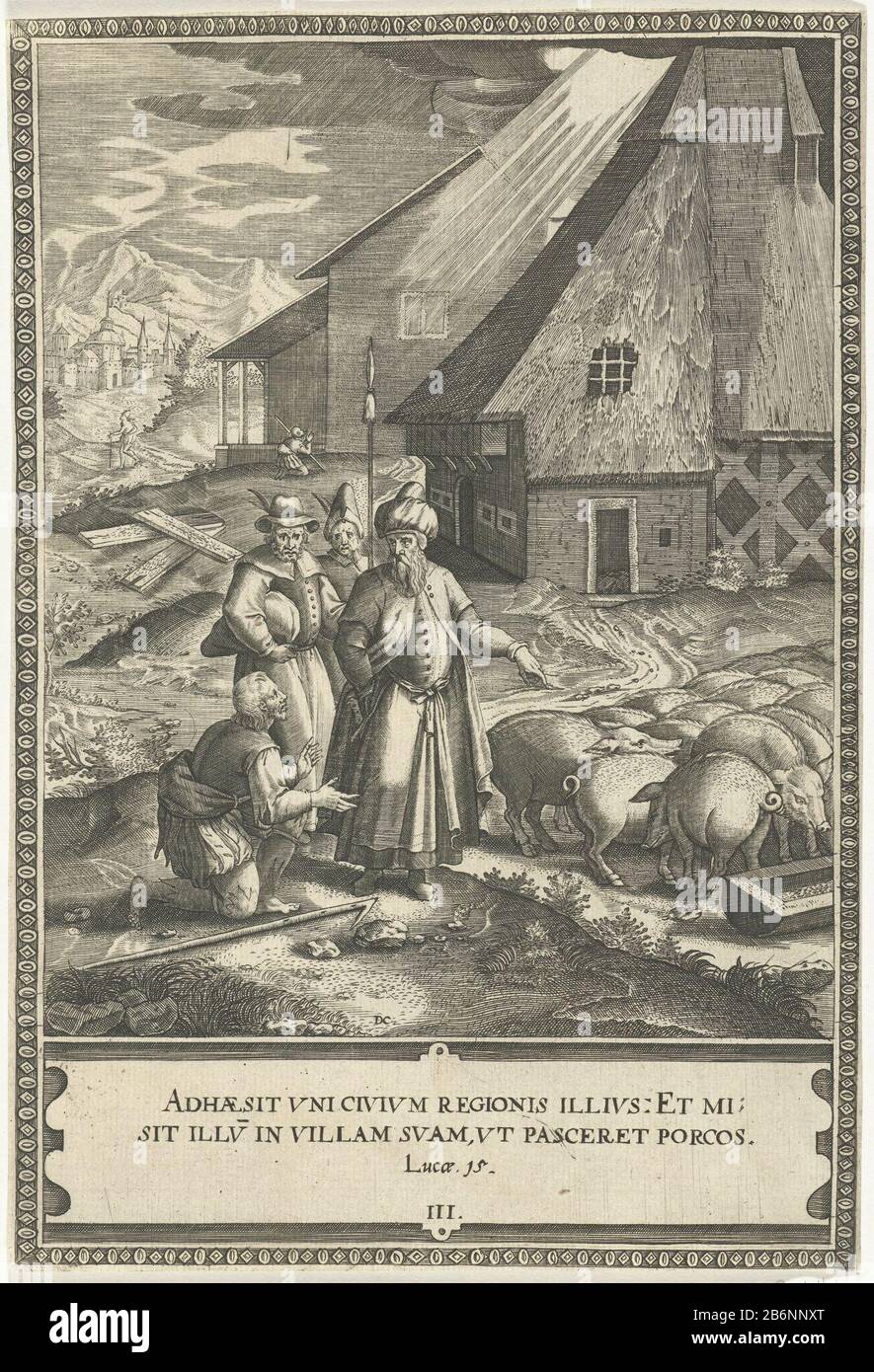 Gelijkenis van de Verloren Zoon De verloren zoon als varkenshoeder Gelijkenis van de Verloren Zoon (serietitel) EIN Bauer nimmt den prodigalen Sohn als Swineherde in Dienst. Der Bauer zeigt auf die Schweinerkrippe. Wenn der verehrende Sohn hungrig ist, sollte er aus dem Trog essen. Im Hintergrund ein großer Bauernhof und in der Ferne eine Stadt. Hinter dem Hof kniet in Reue verwurzelt und bittet Gott um Vergebung für seine Sündenleven. Hersteller: Druckmaschine: Dominikus Custos (denkmalgeschütztes Gebäude) in seinem Entwurf: Dominic Custosplats Herstellung: Augsburg Datum: CA. 1579 - ca. 1615 Körperliche Merkmale: Engra Stockfoto