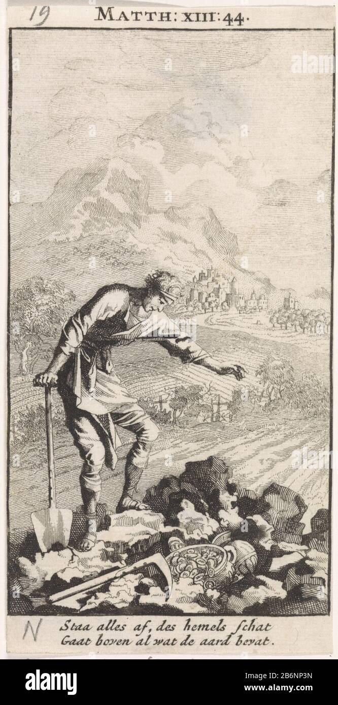Gelijkenis van de schat in de akker Parabel des Schatzes im Feld Objekttyp: Bild Artikelnummer: RP-P-1896-A 19368-2751 Aufschriften / Marken: Sammlermarke, Verso, gestempelt: Lugt 2228 Hersteller : Druckerhersteller Jan Luyken Ort Herstellung: Amsterdam Datum: 1712 Physikalische Merkmale: Ätzmaterial: Papiertechnik: Abmessungen: Blatt: Abmessungen: H 135 mm × W 69 mmToelichtingVariant auf der Abbildung für: Luyken, Jan Bybel Druck. Amsterdam: Pieter Arensz. II (wed.) Und Cornelis Van der Sys, 1712, S. 19. Betrifft: "Das Himmelreich ist wie ein Schatz, der in einem Feld versteckt ist" sprichwörtliche e Stockfoto