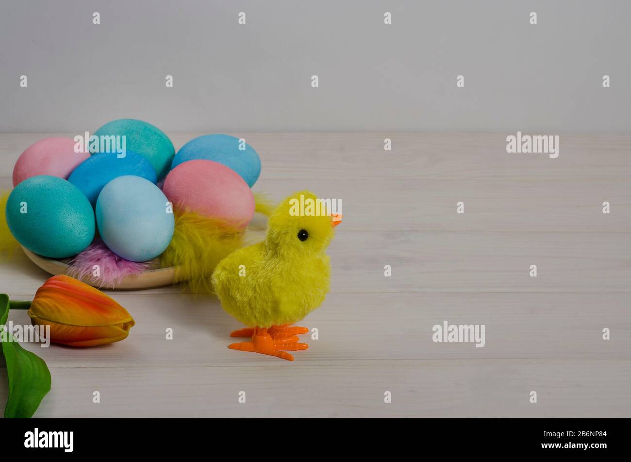 Hintergrund der Osterkarte. Spielzeughuhn mit mehrfarbigen Ostereiern auf weißem Holzhintergrund mit Kopierraum. Frohe ostern. Seitenansicht. Stockfoto