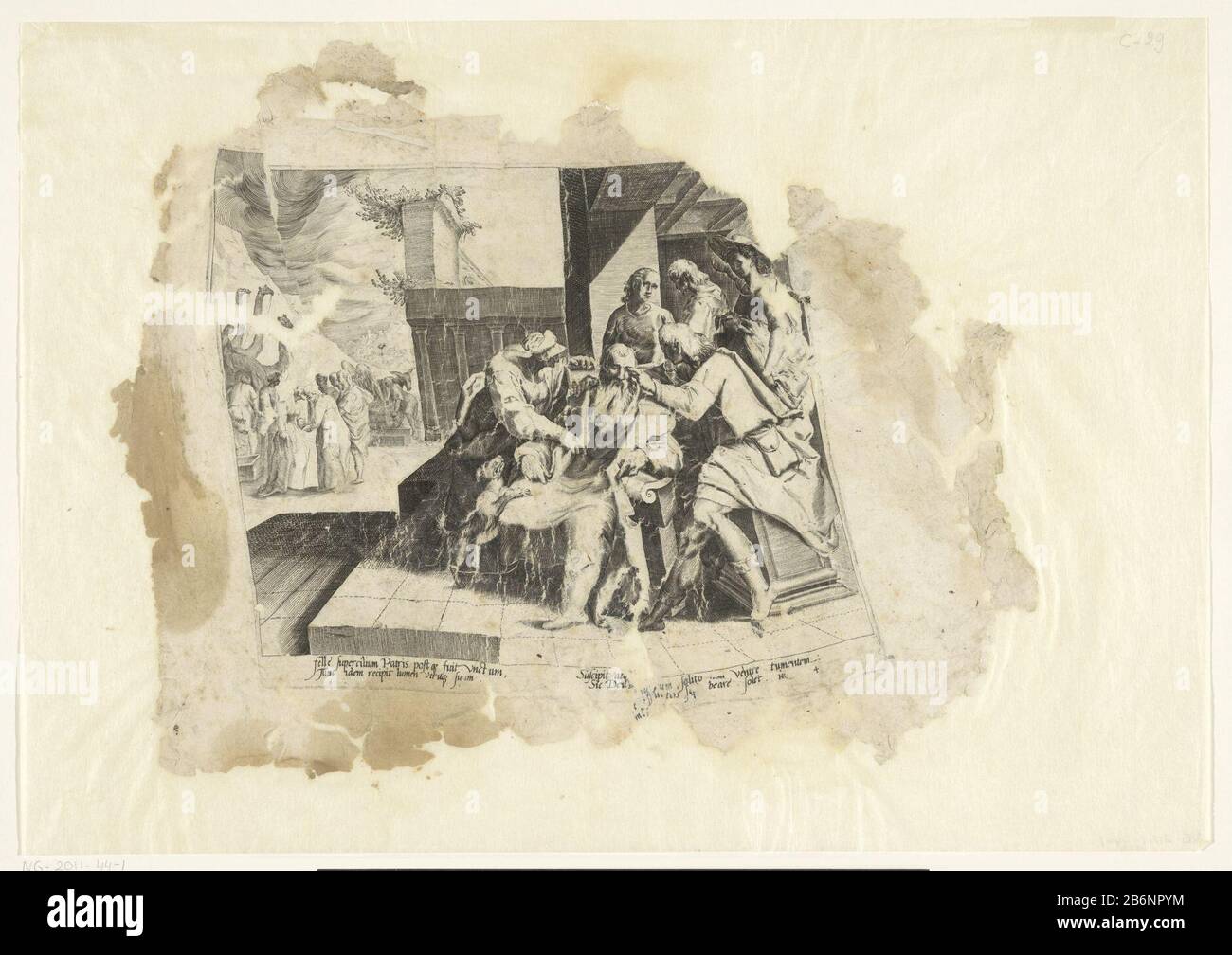 Genezing van Tobit Geschiedenis van Tobias (serietitel) Ließ Im Hintergrund und die Zeiten Tobias Erzengel Raphael kehren nach Ninive zurück. Zu Hause erklärt Tobias den Galgen des Fisches in den Augen seines blinden Vaters Tobit. Danach sieht Tobit wieder. Anna und der Engel zuschauen. Am unteren Rand ein vierzeilig lateinischer Tekst. Hersteller: Druckerei-Hersteller Jacob de Gheyn (II) (der Werkstatt zugeordnet) Druck-Hersteller: Zacharias Dolendo (zurückgewiesene Zuschreibung) entworfen von Karel van Mander (i) (denkmalgeschütztes Gebäude) Schriftsteller: Heyman Jacobi (denkmalgeschütztes Gebäude) Verleger: Joos de Bosscher (denkmalgeschütztes Eigentum) Platzmanufaktor Stockfoto