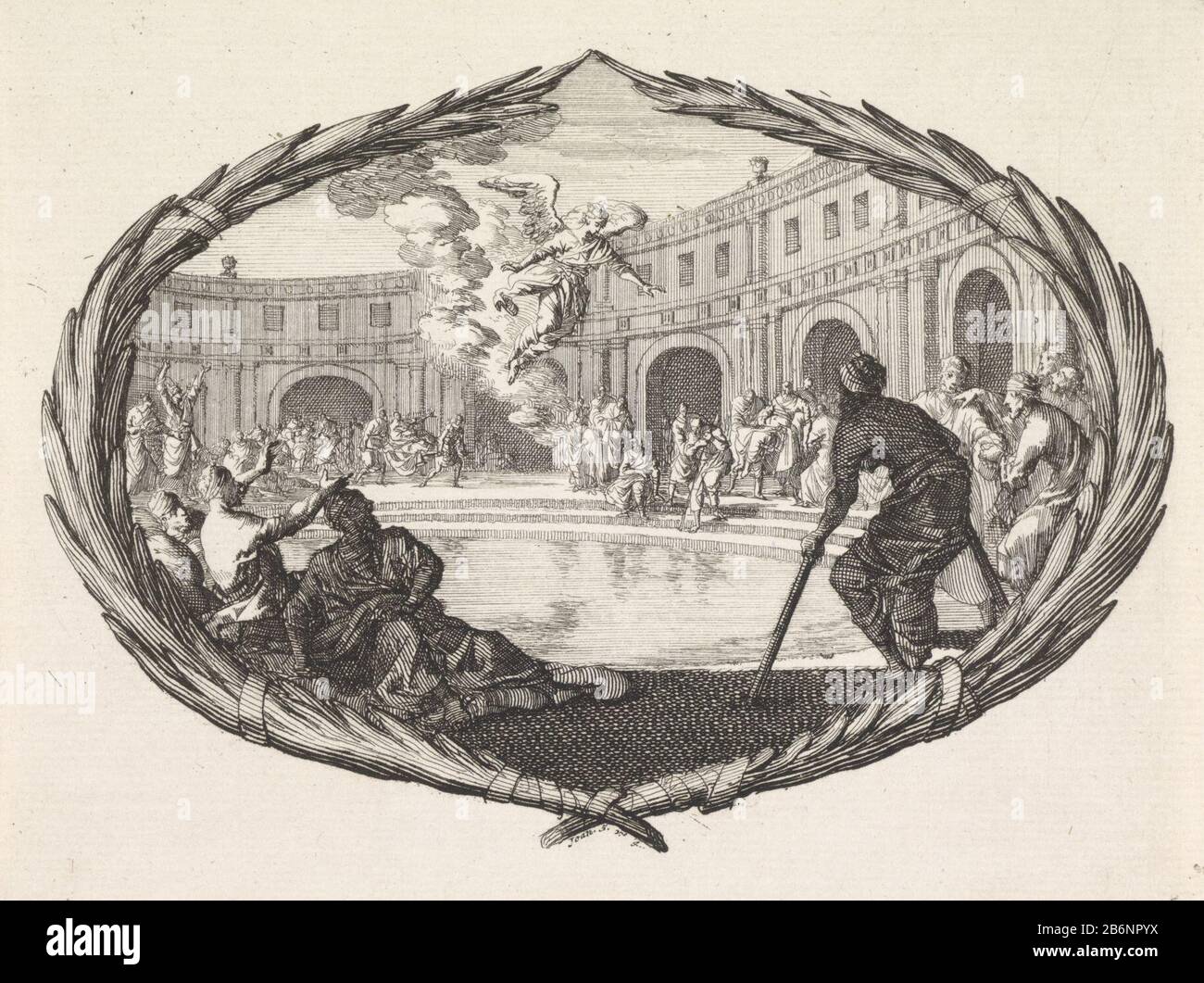 Genezing van de man bij het Bad van Betesda eine Aufführung in einer Kartusche aus Palmzweigen. Eine Badplatte nach Bethesda mit medizinischen Eigenschaften. Der Engel Raphael steigt vom Himmel herab und berührt das Wasser des Bades. Unter den Kartuschen ist der Bibelverweis Joh. 5: 4. Hersteller : Druckerhersteller Jan Luyken Herausgeber: Pieter Mortier (I) Ort Herstellung: Amsterdam Datum: 1700 Physikalische Merkmale: Ätzmaterial: Papiertechnik: Ätzmaße: Blatt: H 111 mm × W 149 mmToelichting Stockfoto