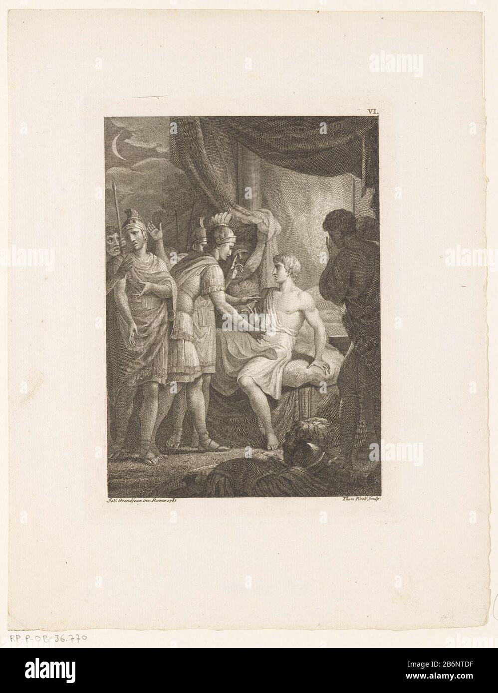 Germanicus wordt's neachts gowekt in het legerkamp Alloked right: VI Hersteller: Druckmaschine: Tommaso Piroli (unter Denkmalschutz) nach dem Entwurf von Jean Grandjean (unter Denkmalschutz) Herausgeber: Pieter Meyer Herstellung: Druckmaschine: Italien zur Gestaltung: Rom-Herausgeber: Amsterdam Datum: 1780/oder 177979 Physikalische Eigenschaften: Ätzungs- und Engra-Material: Papiertechnik: ENGRAA (Druckverfahren) / Ätzmaße: Plattenkante: H 190 mm × W 140 mmToelichtingPrent für die Veröffentlichung verwendet: Winter, Wilhelmina von Lucretia. Germanikus: In sechzehn Büchern. Amsterdam: S. Meijer, 1779. Betreff: (Geschichte von) Ge Stockfoto