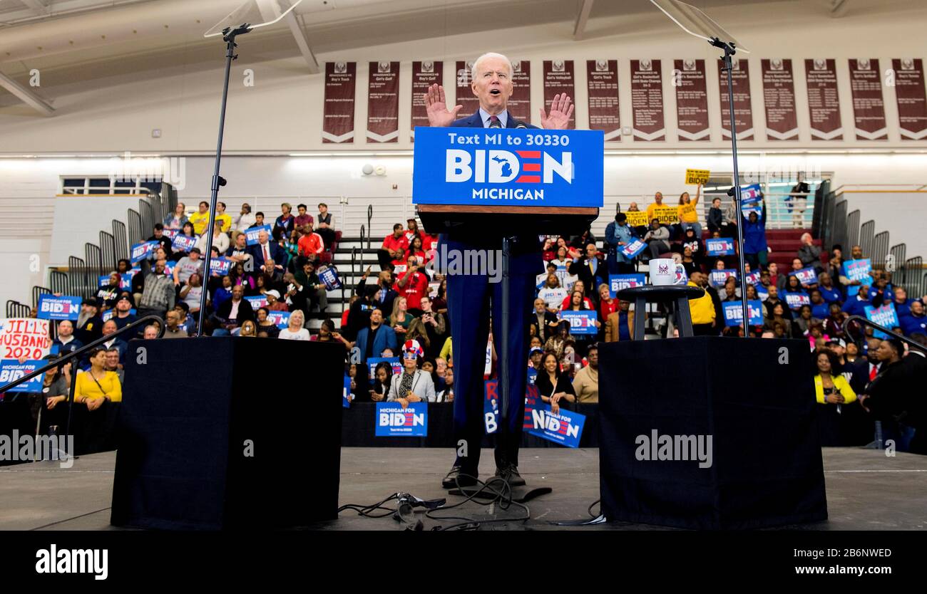 09. März 2020 - Detroit, Michigan, USA - Vizepräsident JOE BIDEN spricht während einer "Get Out the Vote Rally" an der Renaissance High School. Die primäre und die in fünf anderen Bundesstaaten von Michigan werden morgen, den 10. März, angefochten werden. (Credit Image: © Brian Cahn/ZUMA Wire) Stockfoto