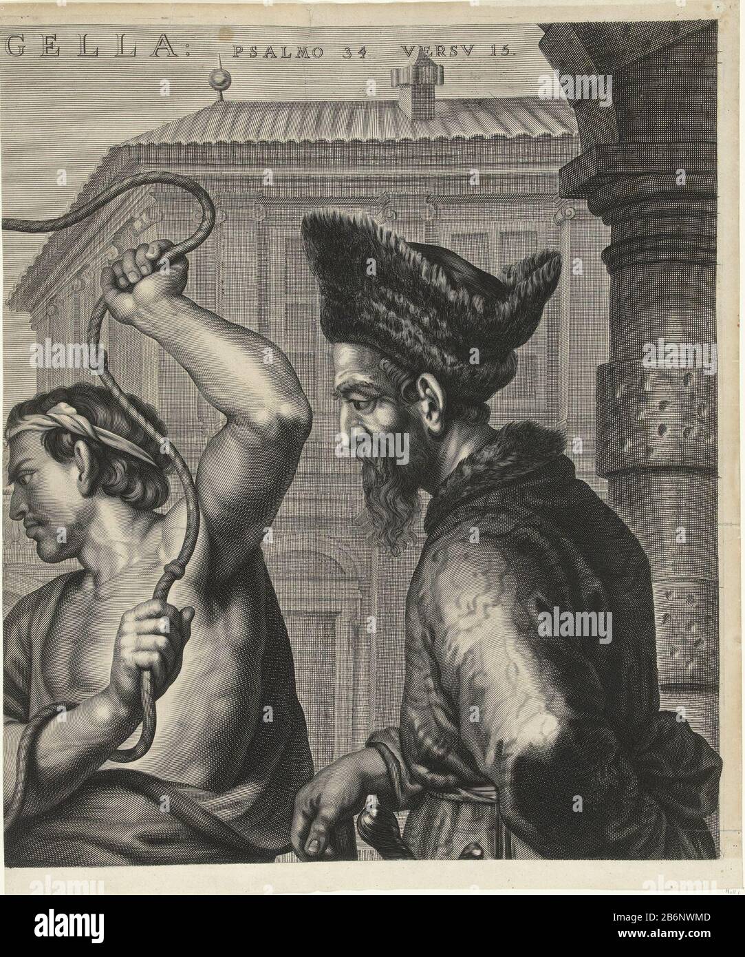 Geseling van Christus In der Mitte des Bildes ist Christus. Er wurde von zwei Männern gestürmt. Ein Mann hat eine Stange fixiert, der andere eine Peitsche mit Knoten. Zwei weitere Männer behalten Christus in Schach. Rechts vom Bild sieht Pilatus. Im Hintergrund die Pharisäer und Schriftgelehrten, die der Folter fernab folgen. Der Druck hat eine lateinische Hochschrift mit einem Zitat aus Ps 34 (34:15) und eine lateinische Bildunterschrift mit einem Zitat aus dem Buch Johannes (Johannes 19:5). Hersteller: Druckmaschine: Mattheus Borrekens (auf dem Objekt angegeben) zum Gemälde von Peter Paul Rubens (denkmalgeschütztes Objekt) zum Zeichnen: Peter van Lint (denkmalgeschütztes Gebäude) Publ Stockfoto