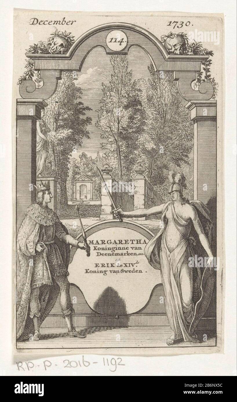 Gesprek tussen Margaretha i van Denemarken en Erik XIV van zweden Margaretha Koninginne van Deenemarken enz en Erik de XIVde, Koning van Schweden (titel op object) König Eric XVI von Schweden mit Zepter kontrastiert Königin Margaret I. von Dänemark mit schwerem d, Helm und Schild. Im Hintergrund ein Garten. An der Spitze steht: Dezember / 1730. Hersteller : Druckhersteller: Anonymer Herausgeber: J. erben Ratelband Place Manufacturing: Amsterdam Datum: Jan-1730 Material: Papiertechnik: Ätzmaße: Plattenkante: H × 139 mm b 86 mmToelichtingPrent von der Zeitschrift: S.N. Maandelyksche Nachrichten von othe Stockfoto