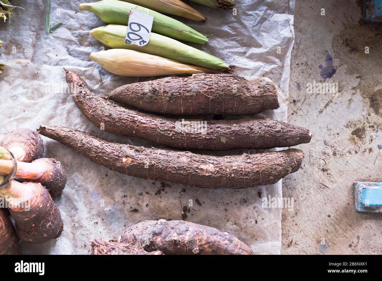 dh PNG-Markt AOTAU PAPUA-NEUGUINEA Tapioca-Wurzeln Gemüsepflanzen Märkte Produkte zeigen Gemüse Lebensmittel an Stockfoto