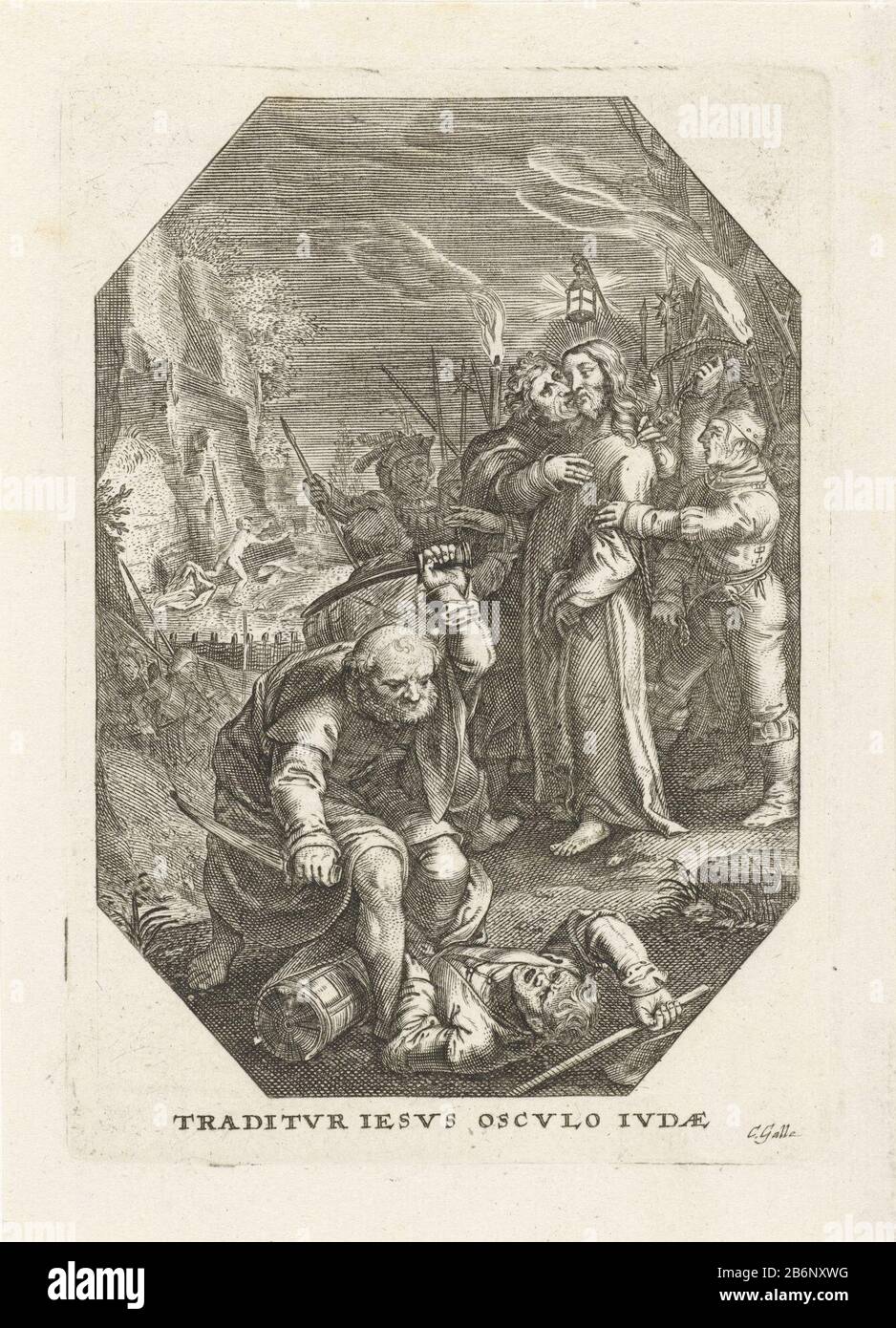 Gevangenneming van Christus Traditvr Iesvs oscvlo Ivdae (titel op object) De Passie (serietitel) Judas Kiss Christ auf seiner Wange und verriet ihn an die Soldaten. An Simon Peter Foreground, der mit Malchus, dem Diener des Hohepriesters, kämpfte. Simon Peter ist dabei, sein Ohr abzudrehen. Viertes Bild aus einer Serie von 13, mit Szenen aus der Passion des Christus. Hersteller : Druckhersteller Cornelis Galle (I) (denkmalgeschütztes Gebäude) Ort Herstellung: Südniederland Datum: 1586 - 1650 Physische Merkmale: Fahrzeugmaterial: Papiertechnik: Engra (Druckverfahren) Abmessungen: Plattenkante: H 133 mm × W 9 Stockfoto