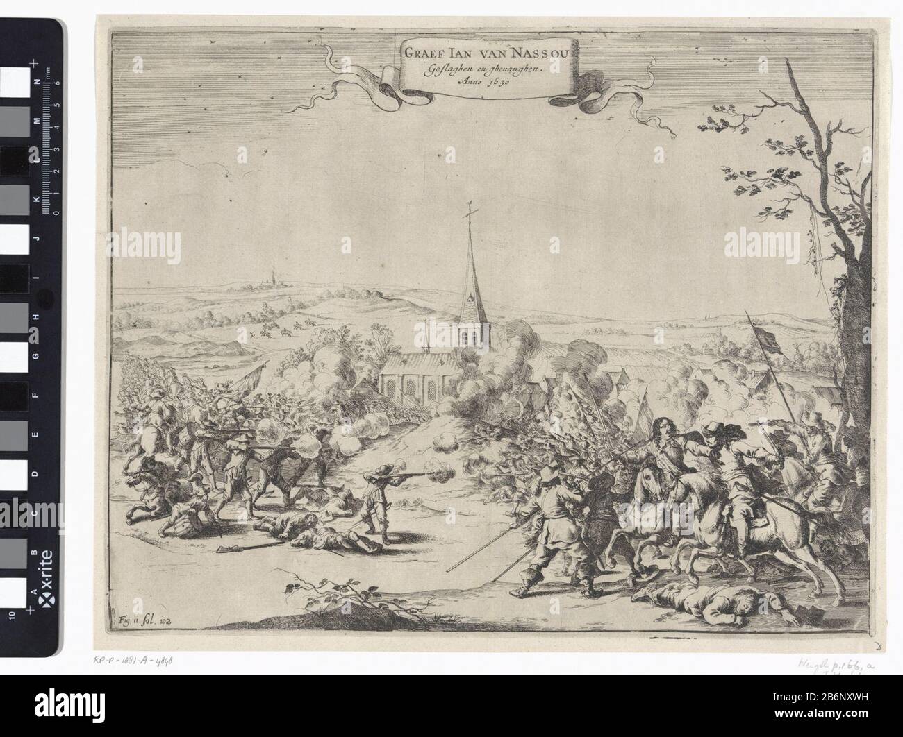 Gevangenneming van Johan VIII., graaf van Nassau-Siegen tijdens gevechten bij Wesel, 1630 Graef Jan van Nassou Geslaghen en ghevanghen Anno 1630 (titel op object) Gevangenneming van Johan VIII., graaf van Nassau-Siegen door kolonel Ysselstein tijdens gevechten bij Wesel, augustus 1630. Hevige gevechten in een landschap voor een kerk, rechts op de voorgrond wordt de graaf te paard gevangen genomen. Gemerkt linksonder: Abb. 11, ol. 102. Hersteller : Hersteller: Dirk StoopPlaats Herstellung: Nederland dating: 1651 - 1652 Physische Kenmerken: ETS Material: Papier Techniek: Etsen Abmessungen: Zopf Stockfoto