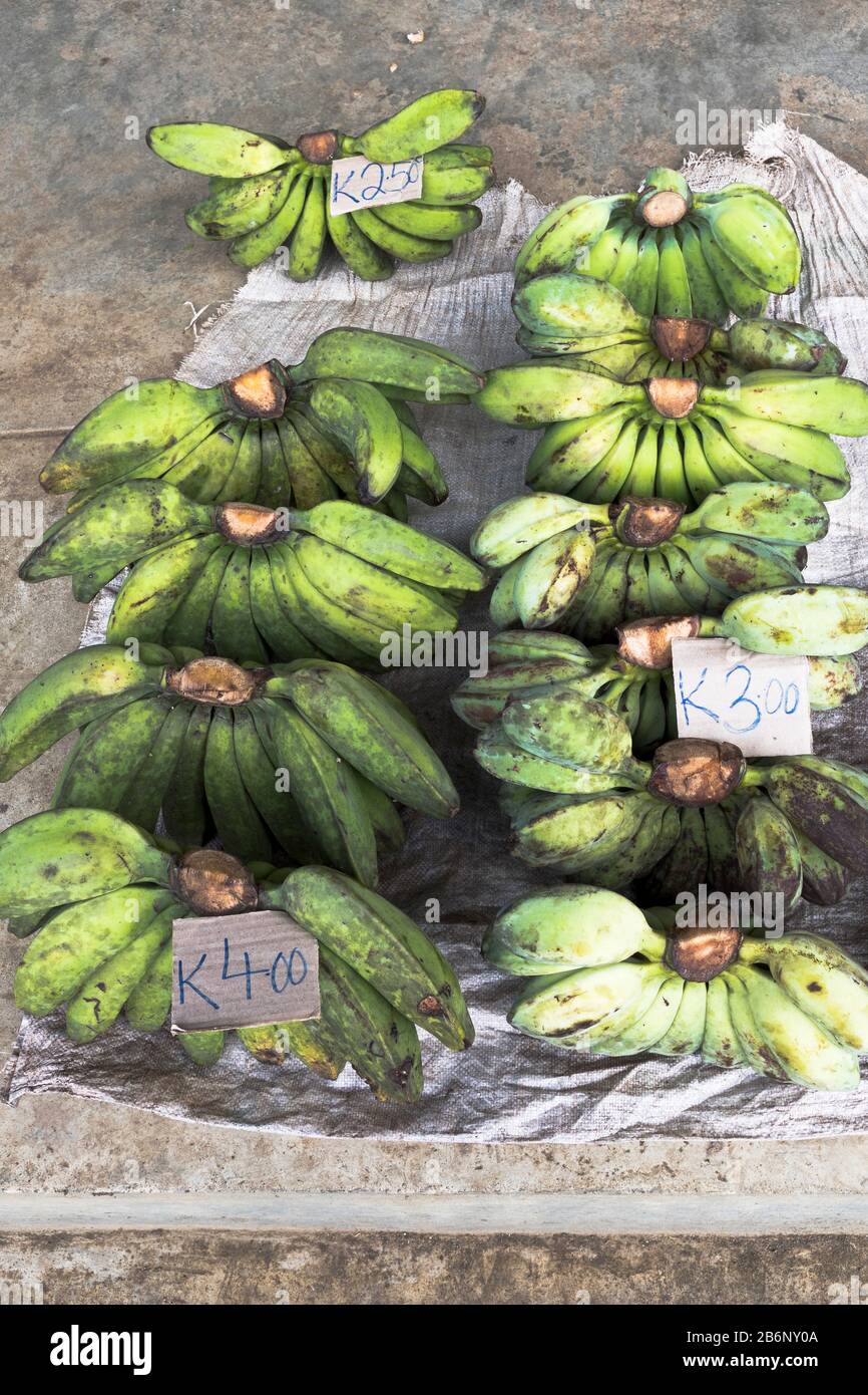 dh PNG-Markt AOTAU PAPUA-NEUGUINEA Bananen-Obstmärkte Produkte zeigen Bunches grüne Bananen unterreif Stockfoto