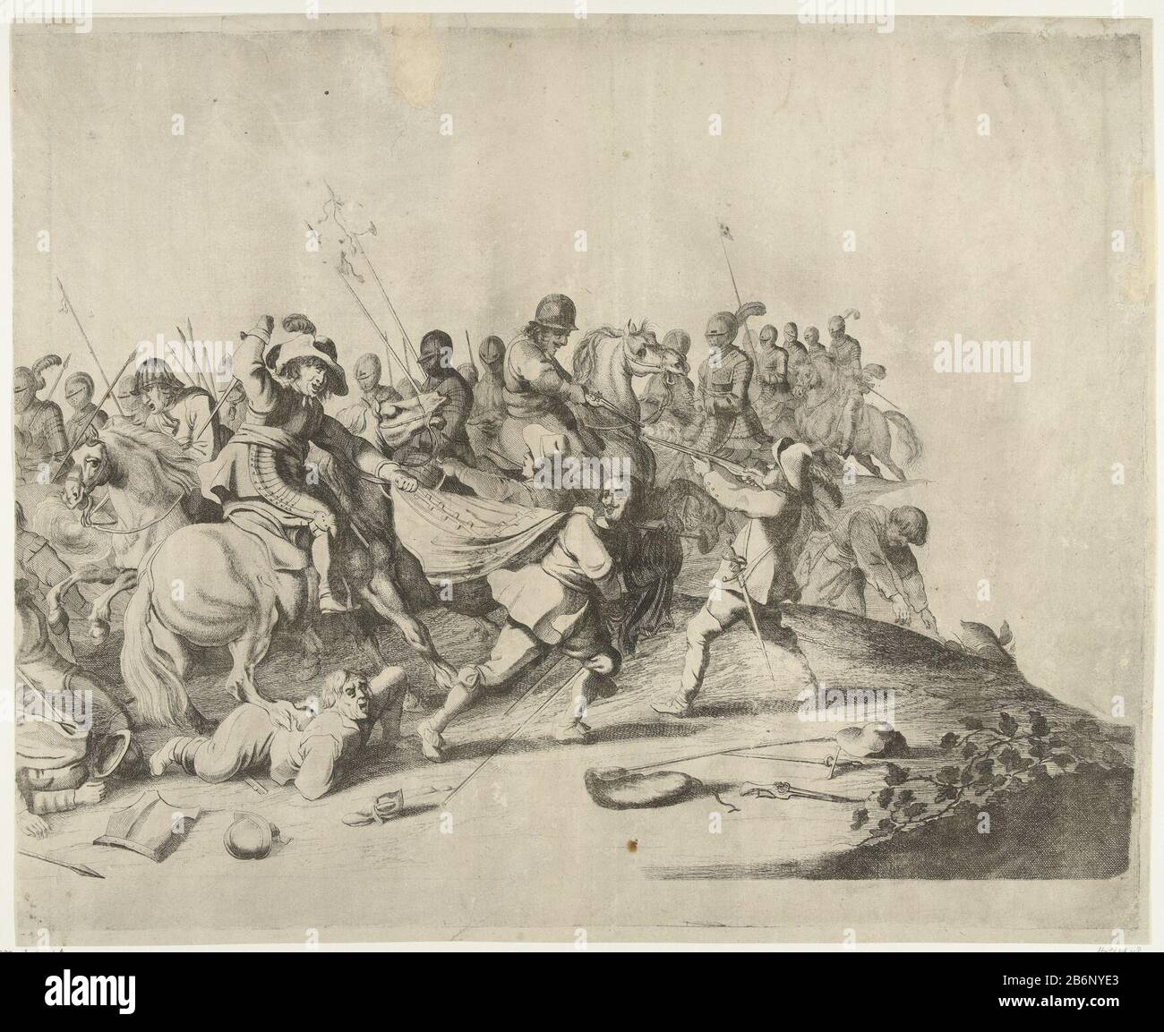 Gevecht tussen ruiter en voetvolk Blick auf ein Schlachtfeld, auf dem zwischen Truppen zu Pferd und Infantry ein Kampf stattfindet. Eine Gruppe von Reiter mit Rüstung kommt von rechts. Die Soldaten kämpfen mit Gewehren, Pistolen und Degen. Hersteller : Druckerhersteller Willem Bass Herstellung: Amsterdam Datum: 1633 - 1672 Physikalische Merkmale: Ätzmaterial: Papiertechnik: Ätzmaße: Plattenkante: H 410 mm × W 520 mm Betreff: Kampf Stockfoto