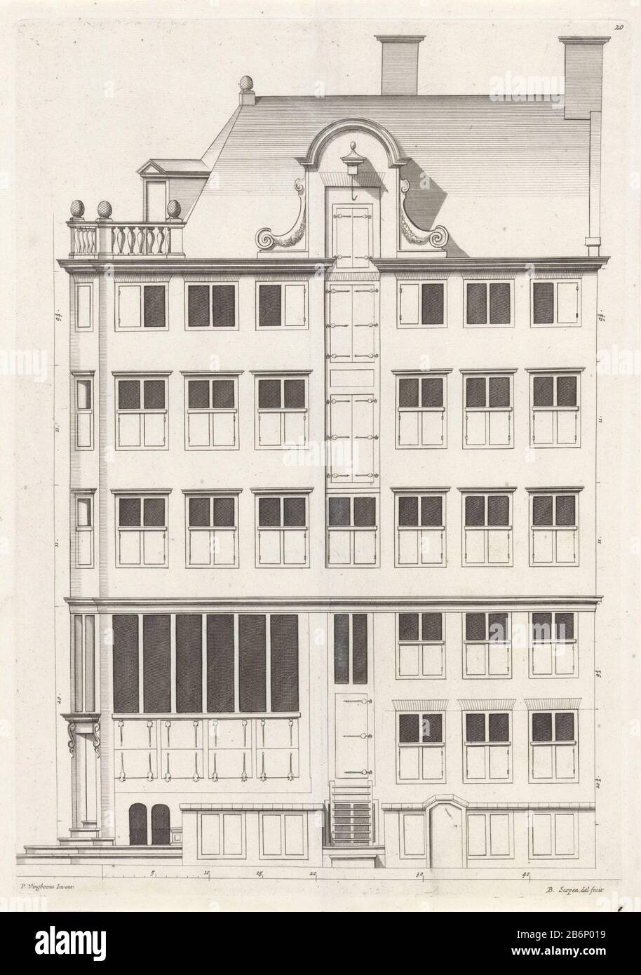 Gevel van een woonhuis aan de Kromme Waal te Amsterdam Fassade das Eckgebäude entlang der Kromme Waal in Amsterdam, erbaut von Martin Fransz. Van der Schilde in den Jahren 1649-1650. Dieses Gebäude stand auf dem Gelände des heutigen Scheepvaarthuis. Das Haus wurde von Philips Vingboons entworfen. Hersteller: Druckmaschine: Bastiaen Stopendael (denkmalgeschütztes Eigentum) von Philips Vinckboons (II) (denkmalgeschütztes Gebäude) Herstellung: Amsterdam Datum: 1674 Physikalische Merkmale: Ätzungs- und Engra-Material: Papiertechnik: Ätzung/Engra-Messungen (Druckverfahren): Plattenkante: H 414 mm × W 289 mmToelichtPrent Stockfoto