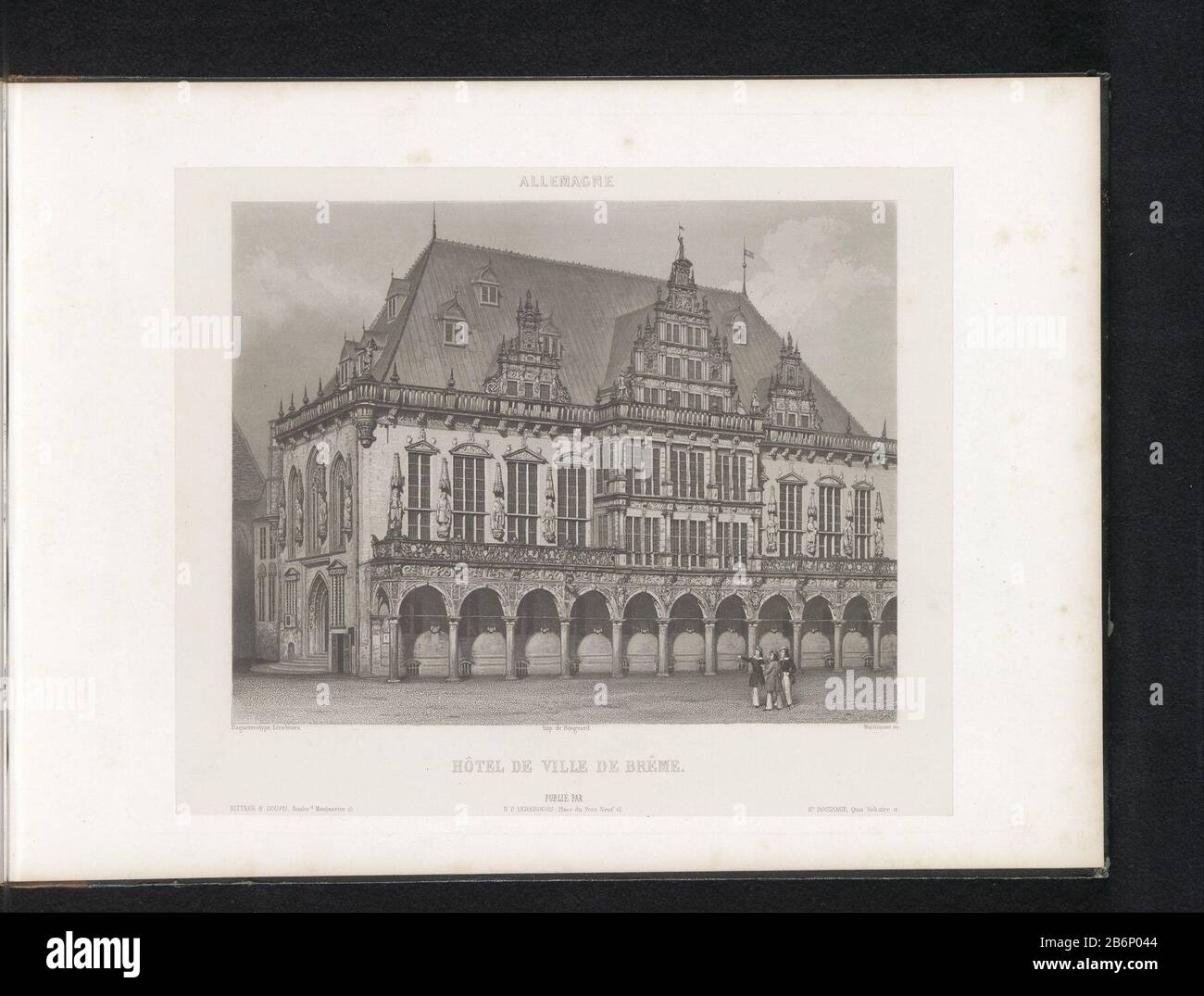 Fassade des Rathauses von Bremen Hôtel de ville de Brême (Titelobjekt) Allemagne (Serientitel) Immobilientyp: Seite drucken Artikelnummer: RP-F 2001-7-1540-2 Aufschriften / Marken: Beschriftung, Nachdruck "Rittner & Goupil Boulevd Montmartre 15'ophrift, Recto, gedruckt:' NP Lerebours Place du Pont Neuf 15'oprift, gedruckt: "HR". Bossance Quai Voltaire 11' Hersteller : Druckerhersteller Johann Hürlimann (denkmalgeschütztes Eigentum) zum Zeichnen: Anonym auf Bildern von Noël Marie Paymal Lerebours (denkmalgeschütztes Gebäude) Drucker: Bougeard (denkmalgeschütztes Gebäude) Herausgeber: Noël Marie Paymal Lerebours (denkmalgeschütztes Objekt) Stockfoto